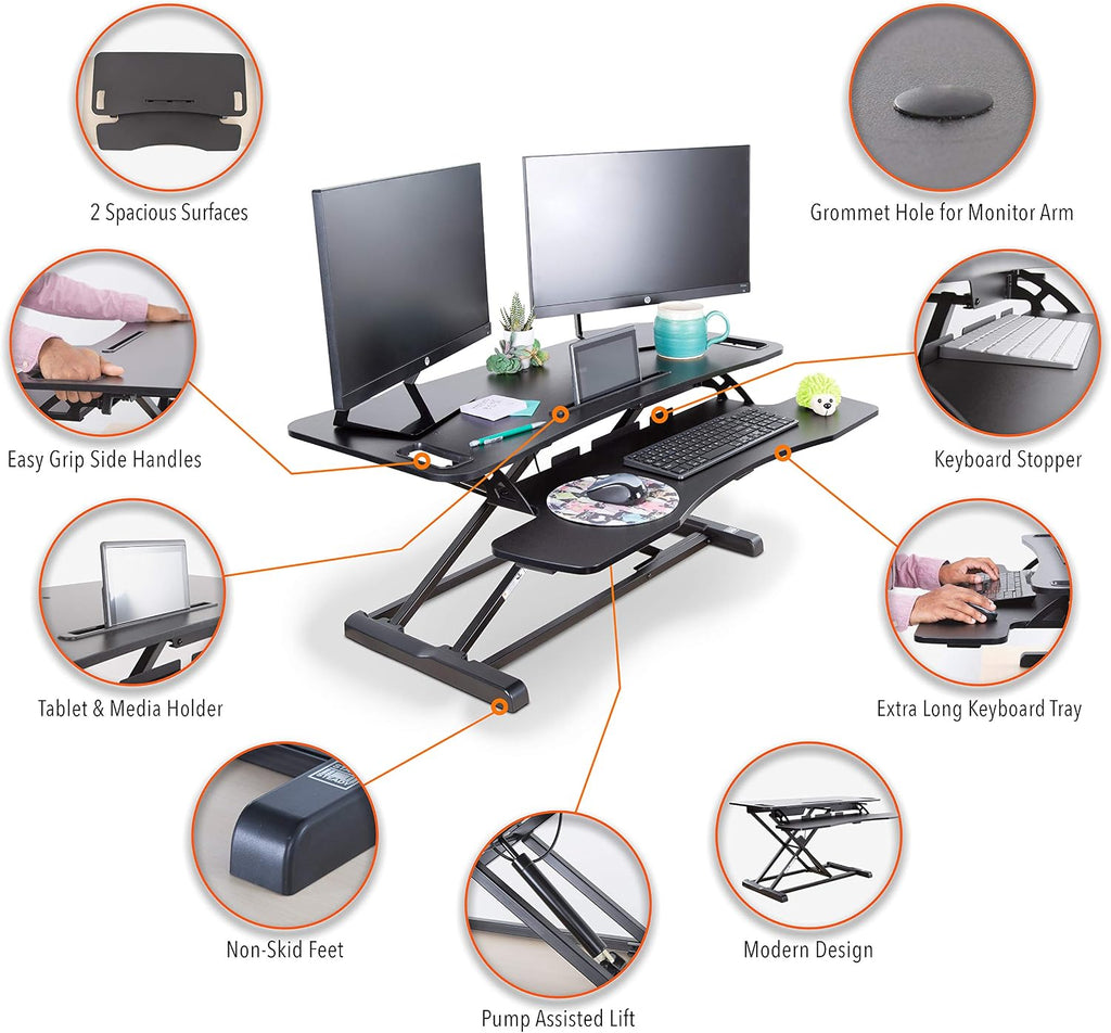 Flexpro Hero 37 Inch Standing Desk Converter, for Office and Home, Height Adjustable, 2 Level Sit to Stand Workspace with Keyboard Shelf & Monitor Riser, Sit or Stand (Black, 37 x 18 x 4.5 to 20)