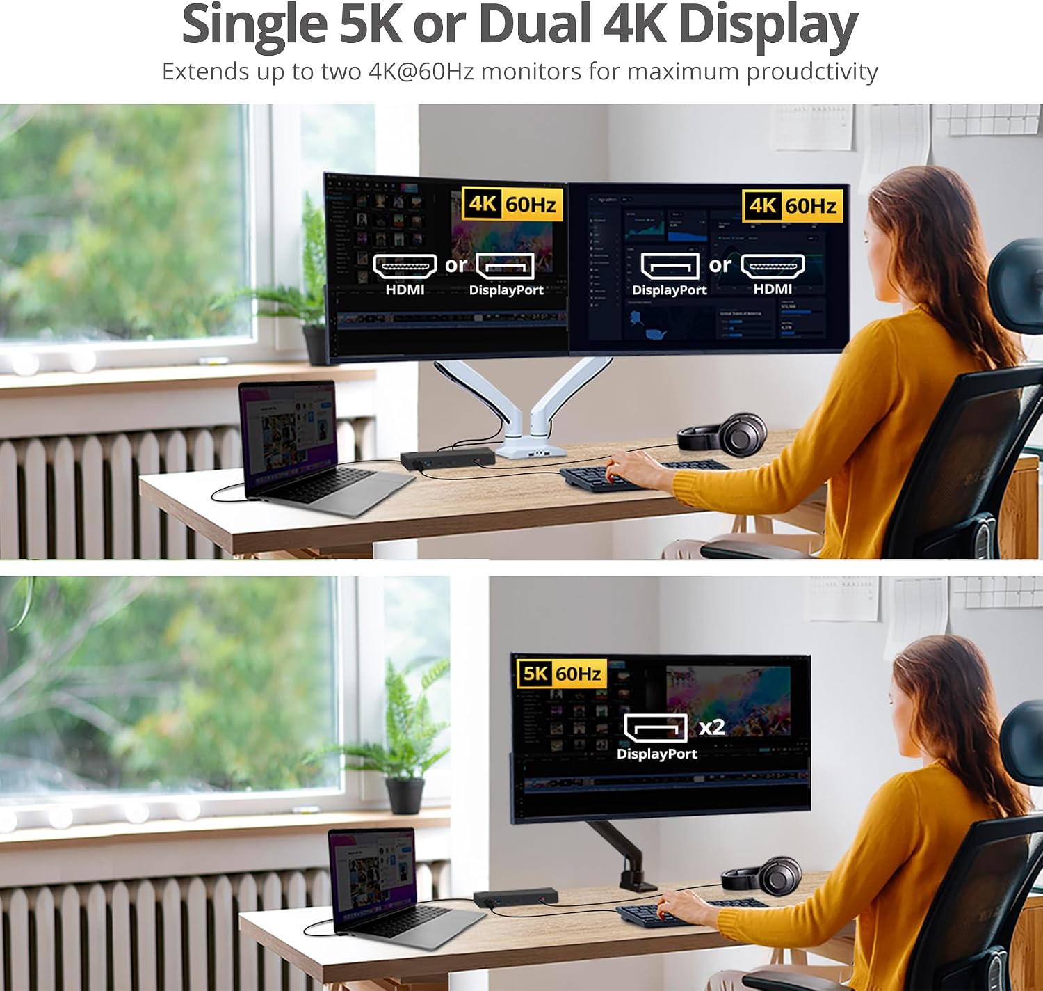 SIIG USB Type C Dual 4K Docking Station with 60W PD - Dual 4K@60Hz or Single 5K@60Hz Monitor Laptop Dock - DisplayLink - 2 HDMI 2 DisplayPort, 4 USB 3.0 Ports, 2 Type C Ports, Gigabit Ethernet Port