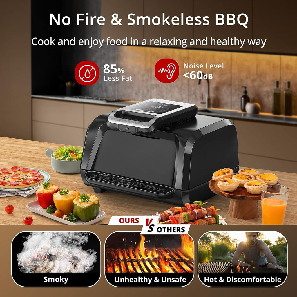 Indoor Grill Air Fryer with Window, 7-in-1 Smokeless Electric Air Grill, Air Fryer/Bacon/Roast/Grill/Vegetables/Dehydrate/Air Crisp, Preheat Even Heat, with Stainless Steel Tongs