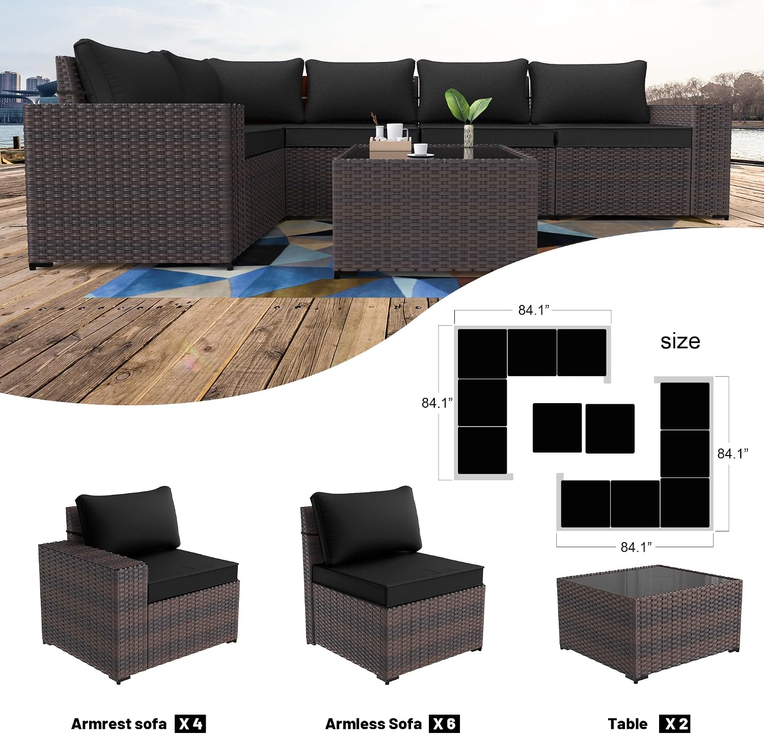 Kullavik Outdoor Patio Furniture Set,12 Pieces Sectional Rattan Sofa Set Brown PE Rattan Wicker Patio Conversation Set with 10 Seat Cushions and 2 Tempered Glass Coffee Table,Black