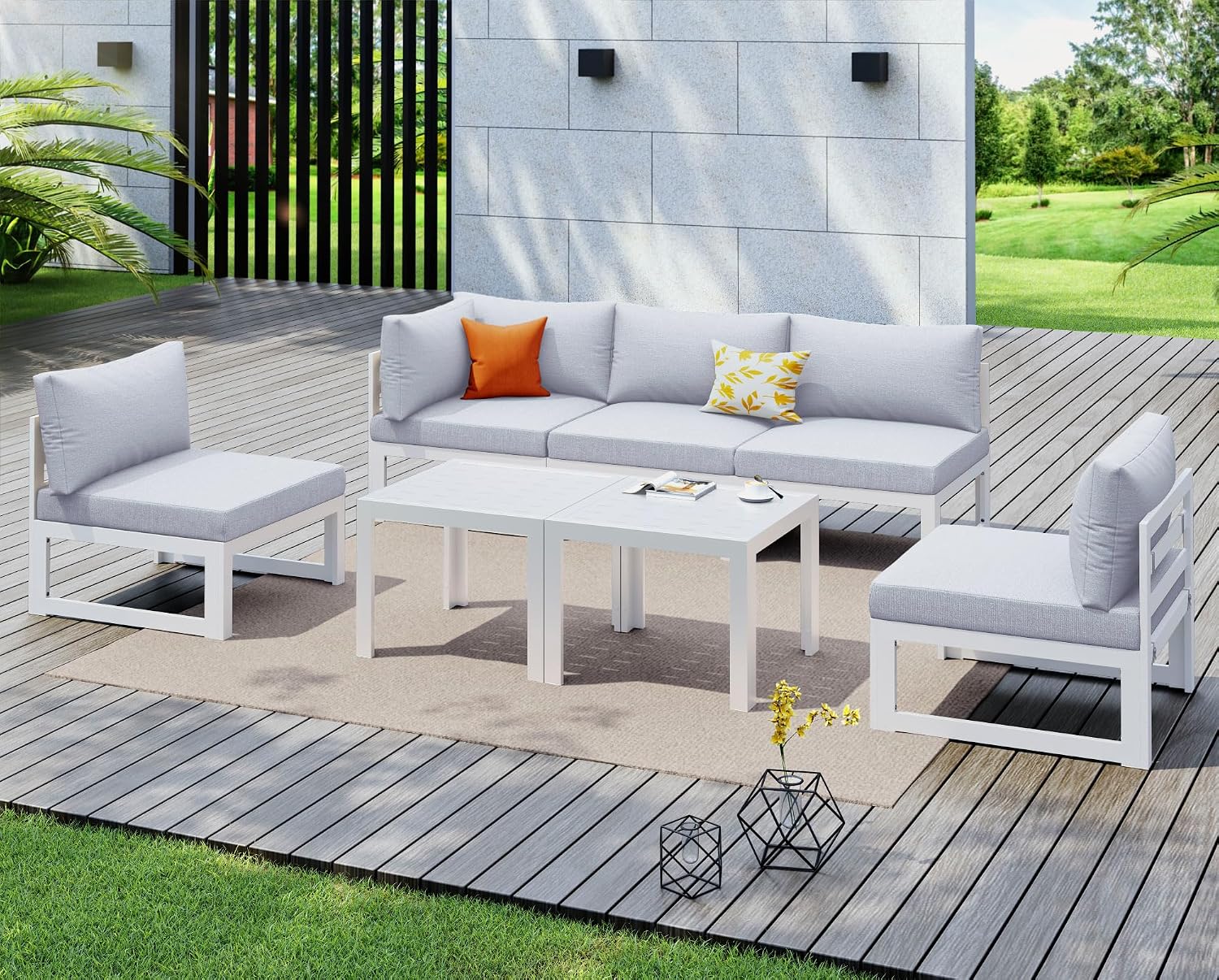 NICESOUL 7 Piece Oversized Modular Aluminum Outdoor Furniture Set, 29' Deep Wide Sectional Seating, 500 lbs High Weight Capacity Water Resistant Patio Conversation Set for Garden Terrace, Light Gray