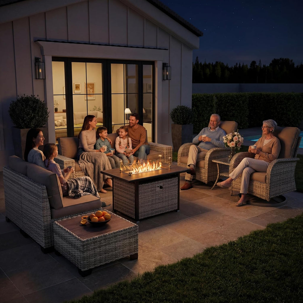 13-Piece Outdoor Patio Furniture Set with Rocking Swivel Chair, PE Wicker Rattan Sectional Sofa Patio Conversation Set with 55,000 BTU Fire Pit Table & Coffee Table, Dark Grey