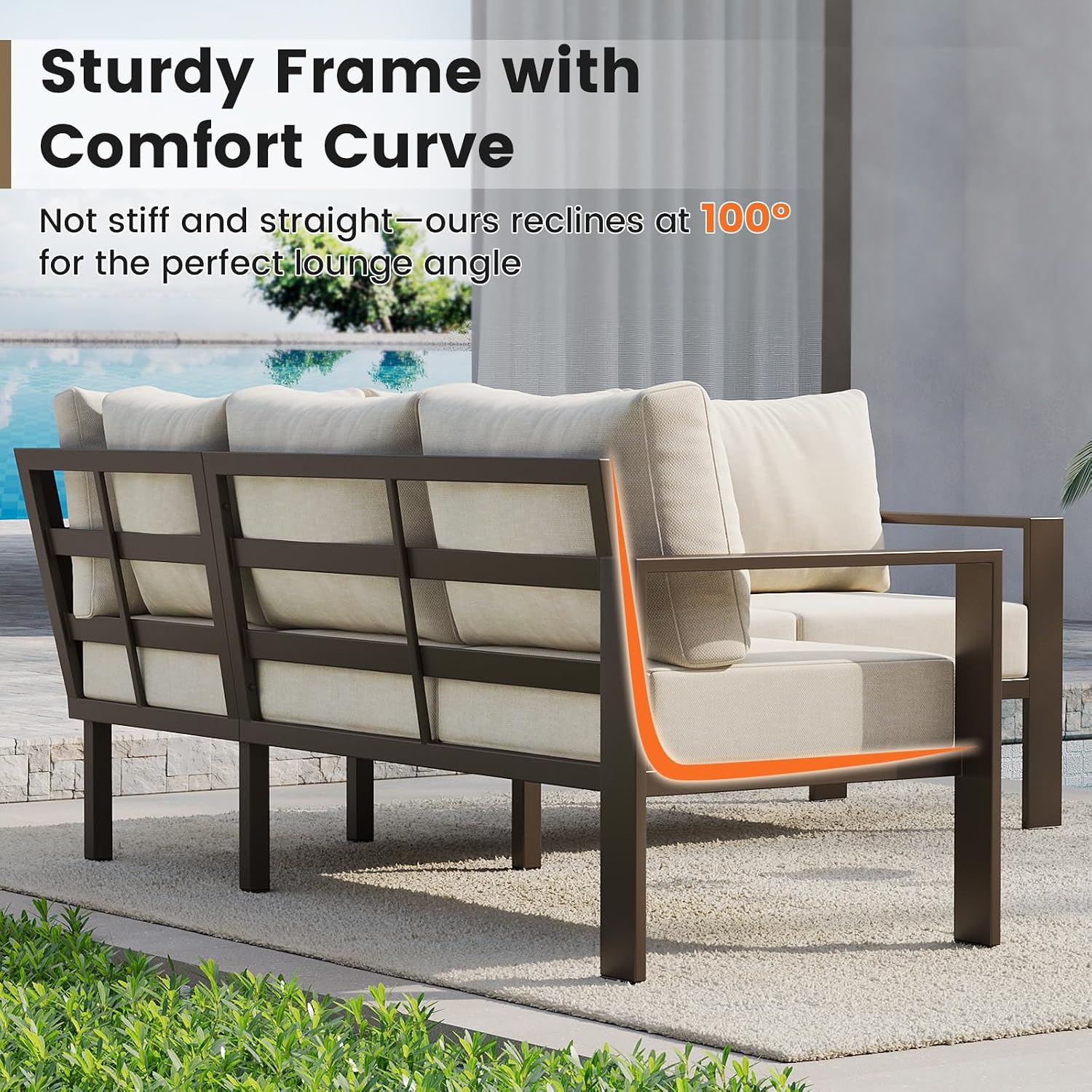 UDPATIO 6 Piece Patio Furniture Set, Metal Outdoor Sectional Sofa with 6' Thick Olefin Cushions, Wide Armrest & Coffee Table, L Shaped Outdoor Furniture for Garden, Backyard Beige