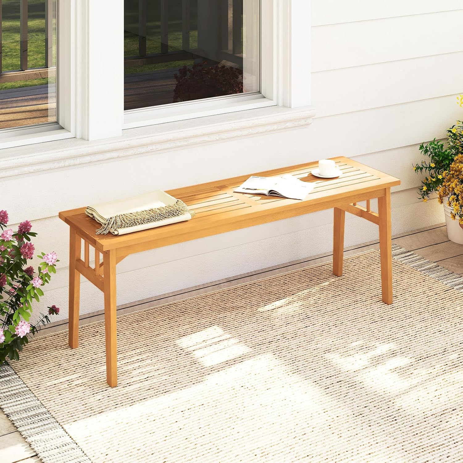 Tangkula Outdoor Acacia Wood Bench Set of 2, 48' Patio Dining Bench with Slatted Seat, Backless Wooden Entryway Bench, Farmhouse Indoor Outdoor Furniture for Garden, Poolside, Park & Deck