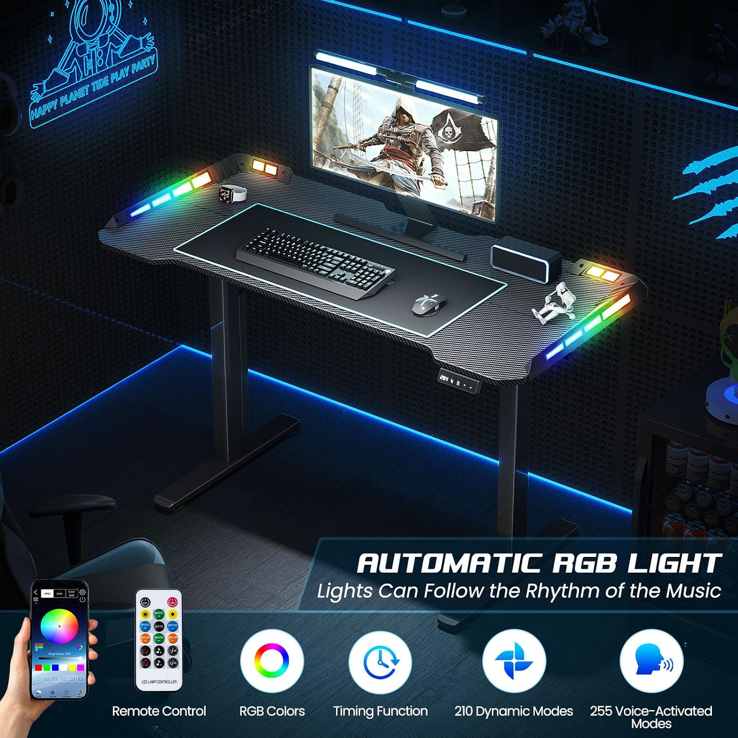 Flycity Gaming Standing Desk with LED Lights & APP Control, 48' x 24' Gaming Table with Music Sensing, Underdesk Cable Storage Electric Standing Desk, Black Carbon Fiber PC Desk for Home Office