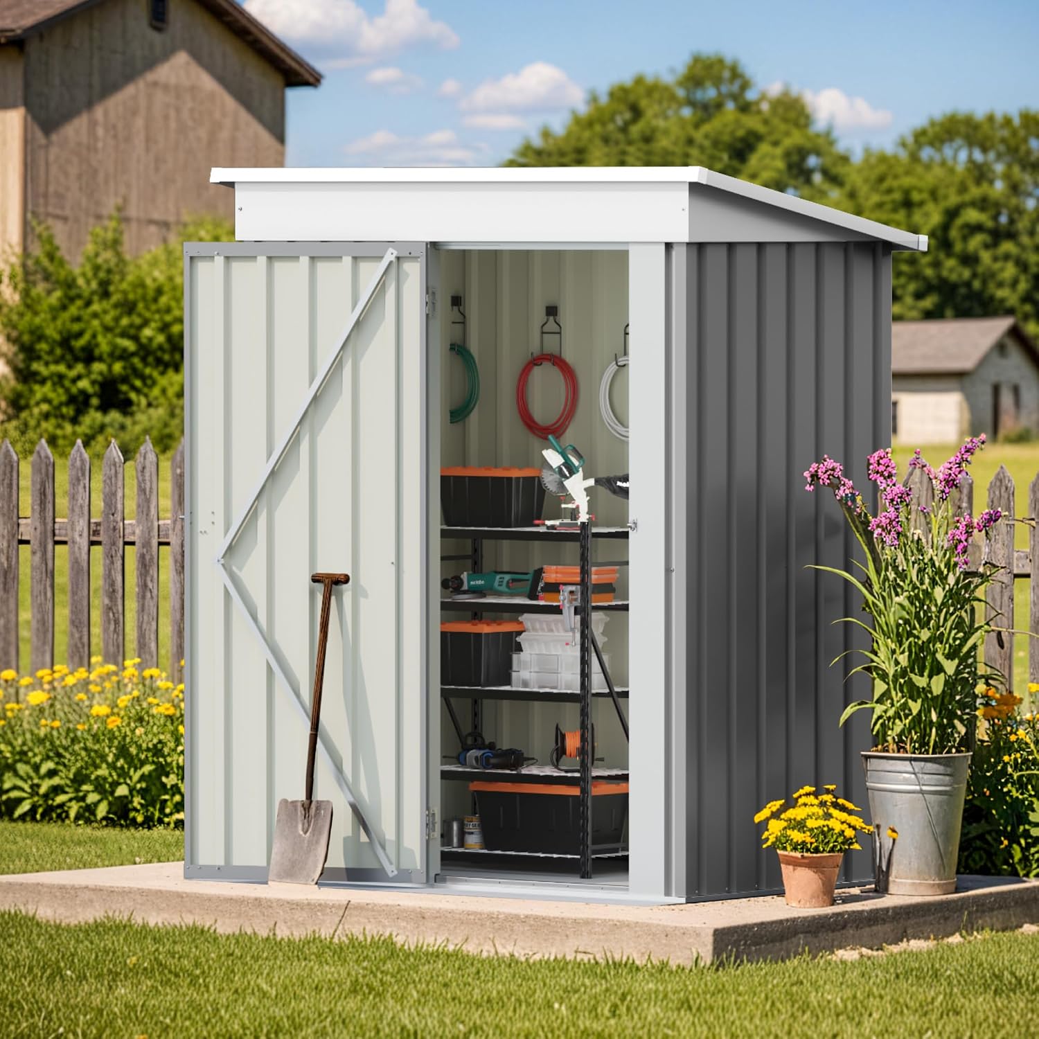 Patiolife 5x3 FT Outdoor Storage Shed, Metal Shed with Lockable Door & Sloping Roof, Steel Tool Shed for Backyard Patio Lawn, Grey