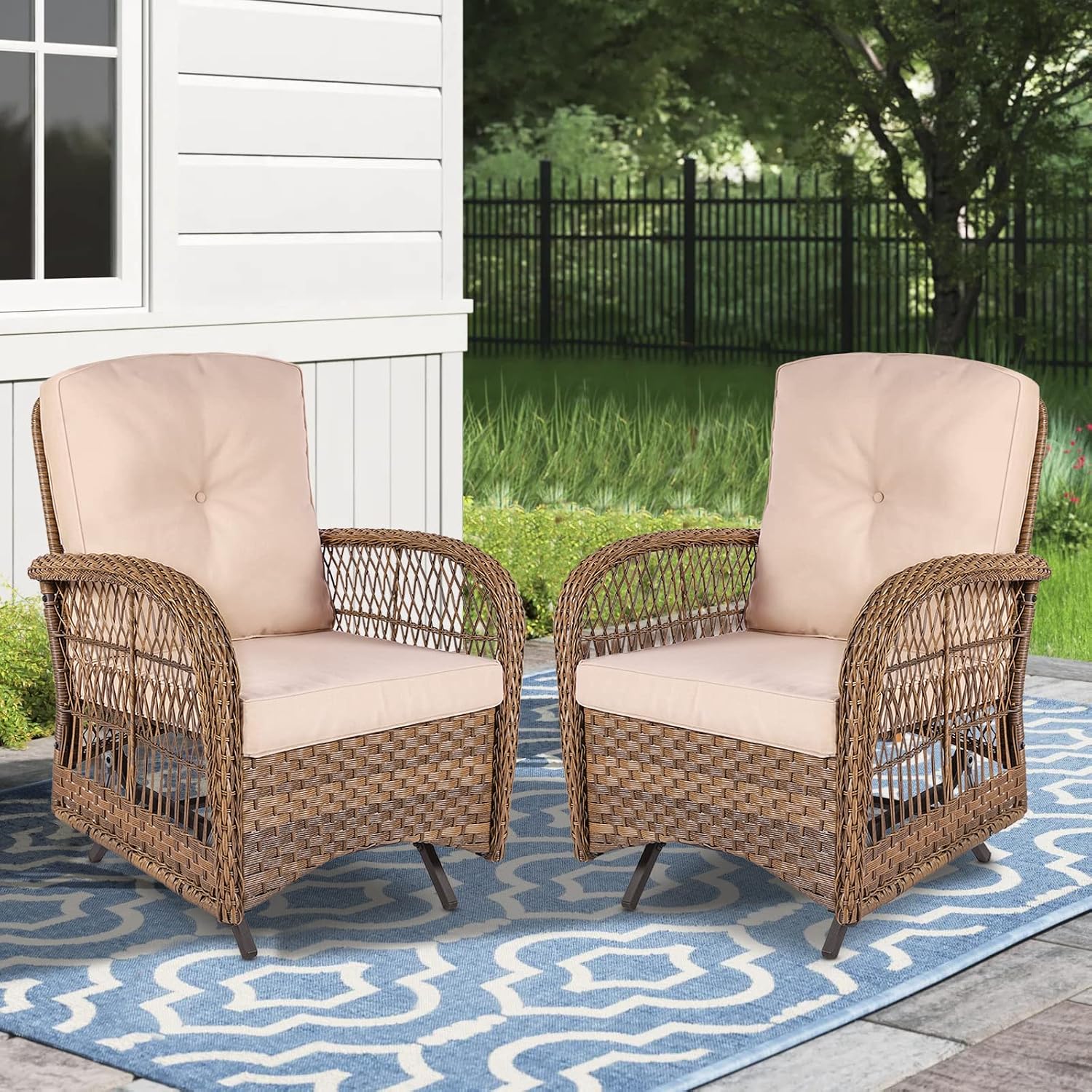 MEETWARM Patio Wicker Rocking Glider Set, All-Weather Outdoor Rattan Patio Rocking Chairs of 2, Patio Conversation Set with Thickened Cushions for Porch Garden & Backyard, Brown