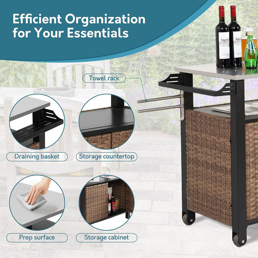 Patio Grill Cart with Wicker Storage, Outdoor Kitchen Island Serving Cart with Stainless Steel Table Top, Outdoor Prep Table and Rolling Wheels, for BBQ, Patio, Brown