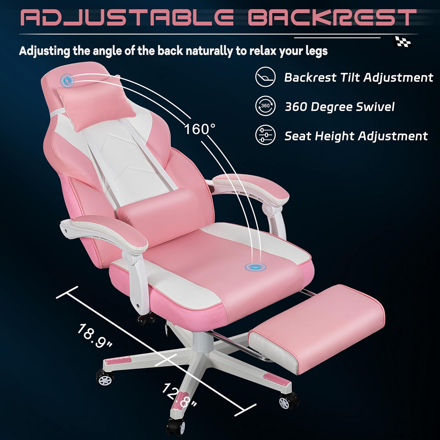 Big and Tall Gaming Chair for Adults, 330lbs Heavy Duty Computer Chair with Footrest & Massage Lumbar Support, Wide Seat High Back Reclining Desk Chair, 360° Swivel, Pink