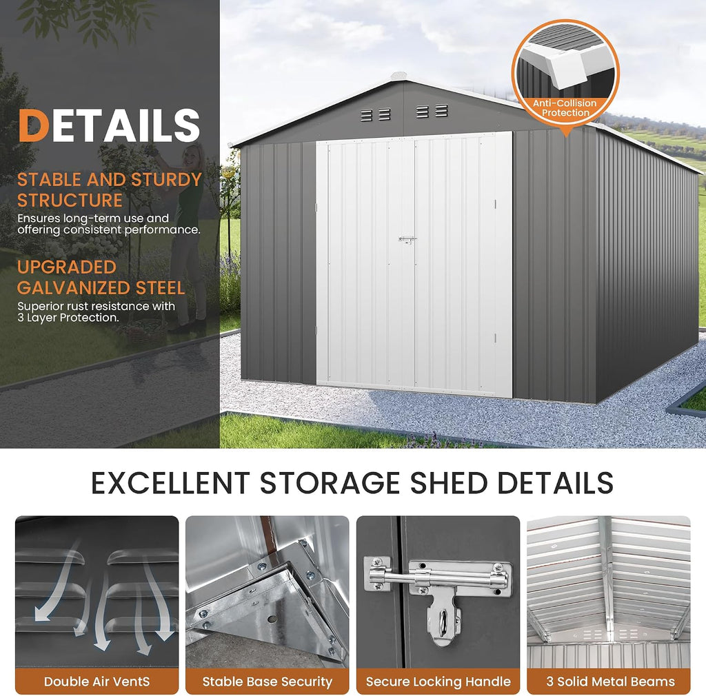 8x12 FT Outdoor Storage Shed Metal Garden Storage Shed Updated Frame Structure with Double Lockable Doors, Steel Anti-Corrosion Tool Sheds Waterproof for Backyard, Pool, Patio, Light Gray