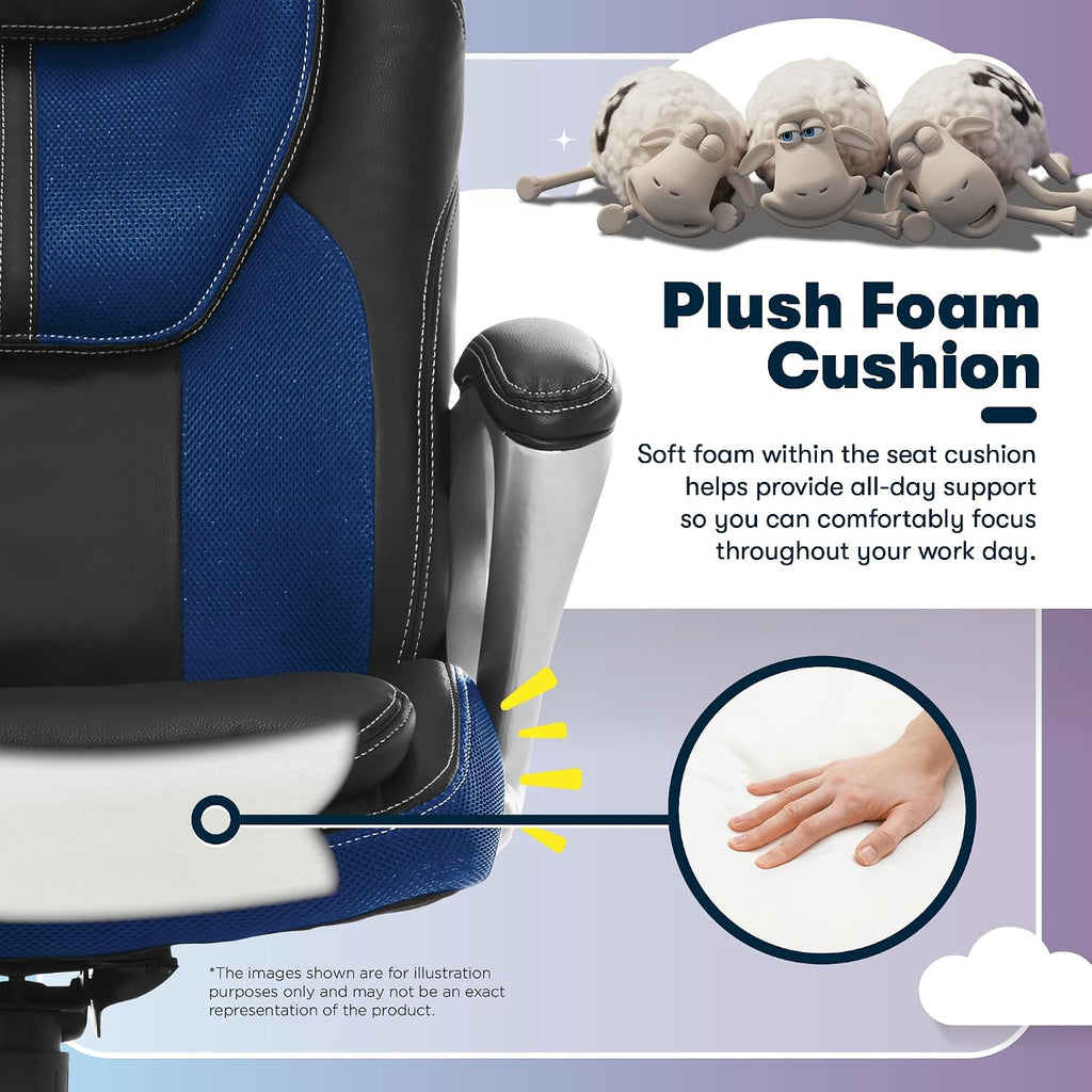 Serta Amplify Executive Office Chair with Faux Leather and Mesh, Adjustable Ergonomic Comfy Seat with Lumbar Support, Modern Computer DeskChairs, Swivel Rolling Wheels, Blue