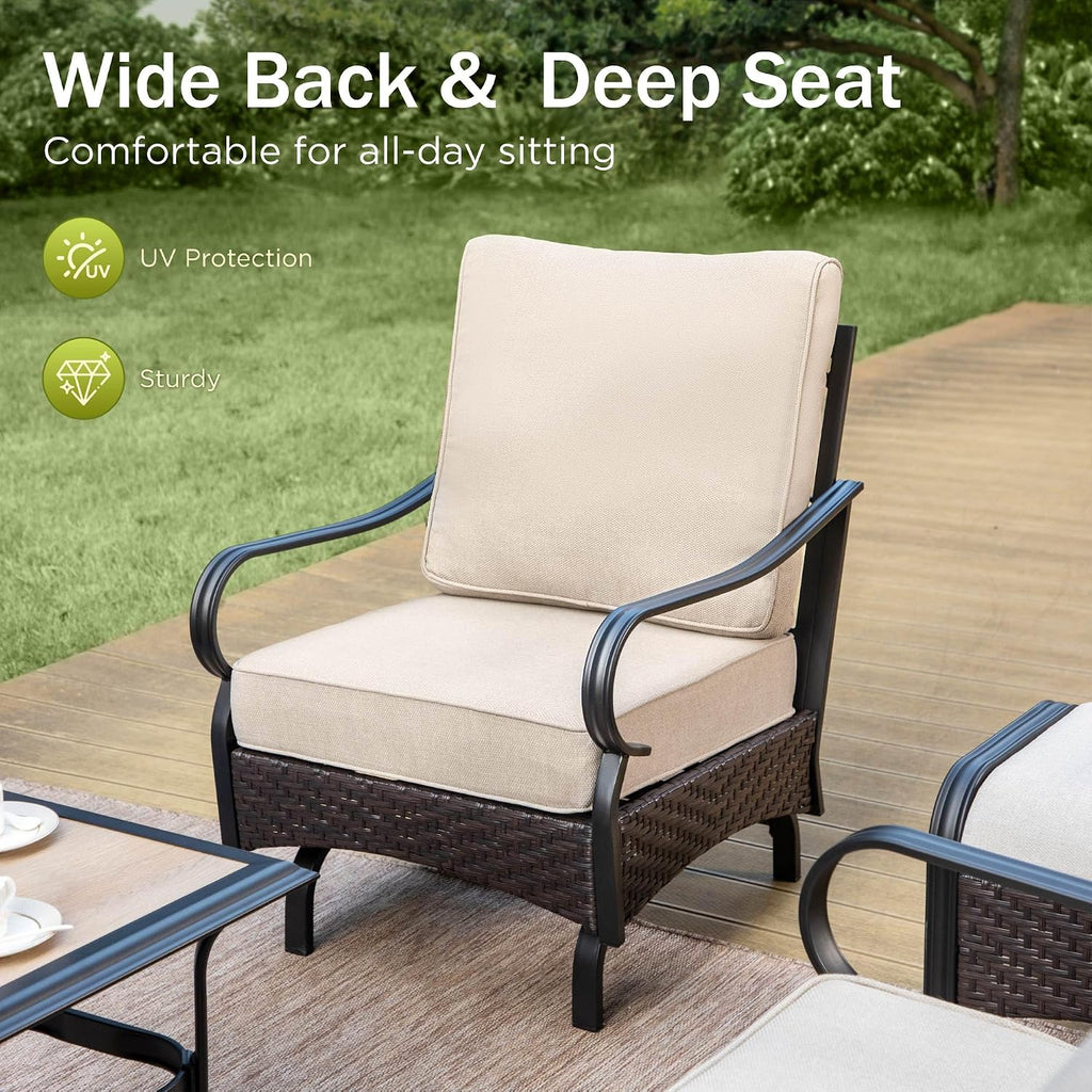 PHI VILLA Outdoor Modern Patio Furniture Set, Upgraded Wicker & Metal Patio Conversation Set with Waterproof Thick Cushions for Porch, Poolside, Yard (5 Pieces,Beige)