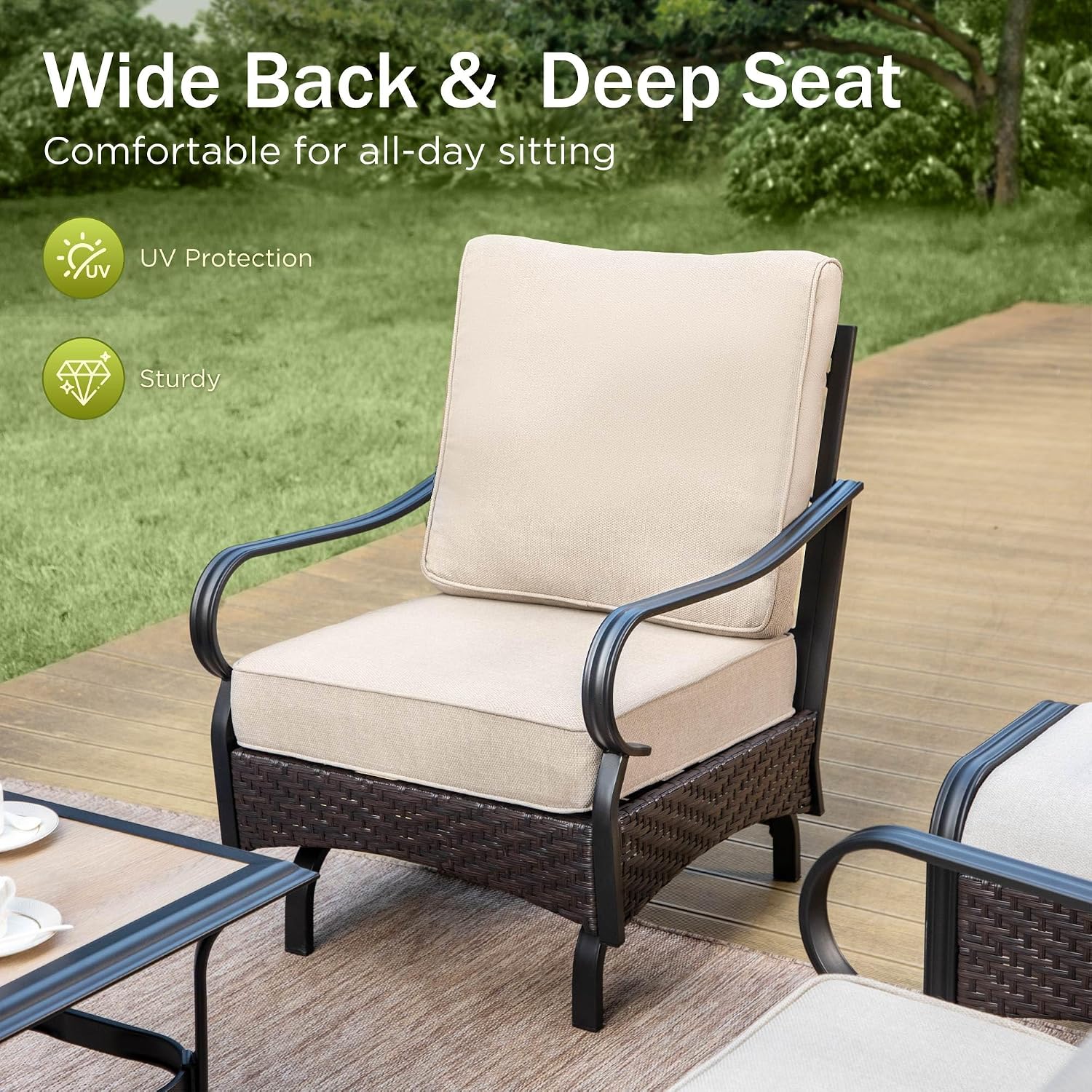PHI VILLA Outdoor Modern Patio Furniture Set, Upgraded Wicker & Metal Patio Conversation Set with Waterproof Thick Cushions for Porch, Poolside, Yard (5 Pieces,Beige)