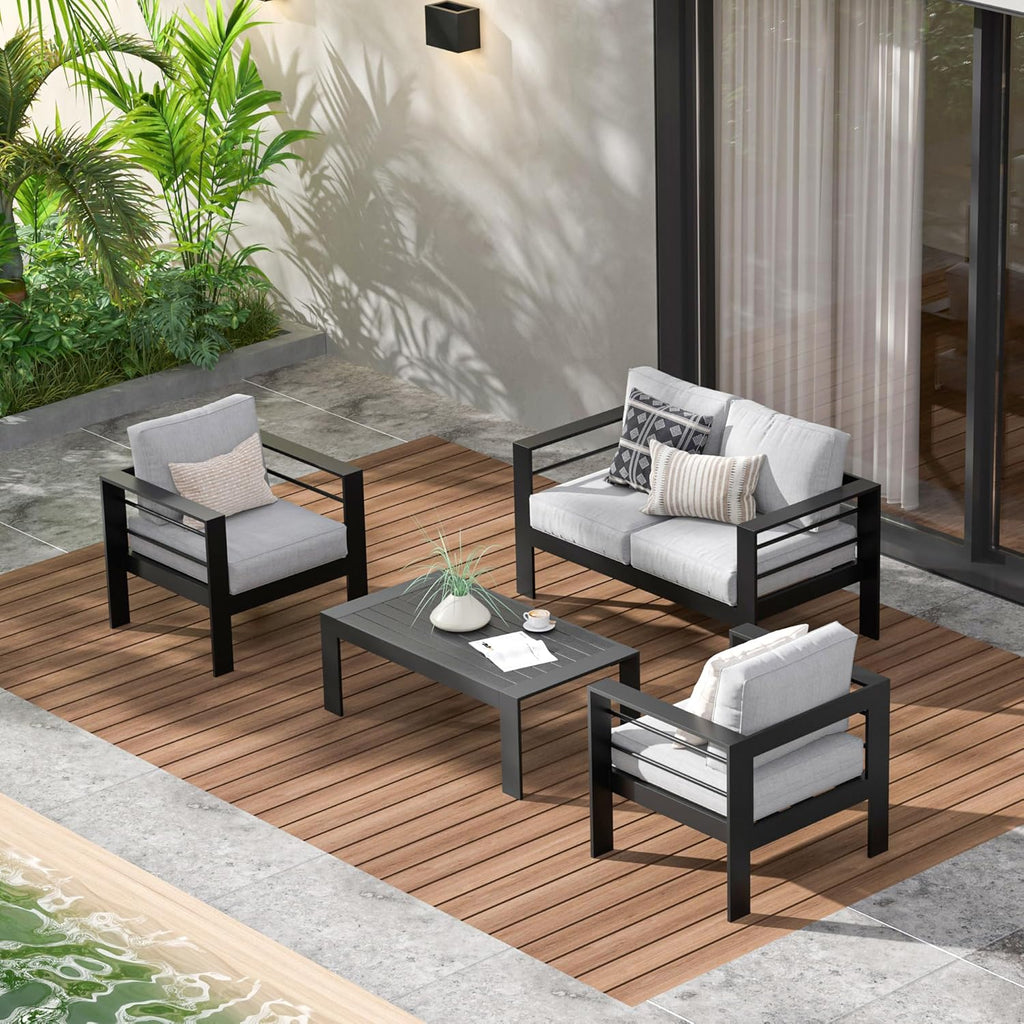 Wisteria Lane Aluminum Patio Furniture Set for All Weather, Oversized Metal Outdoor Furniture Set with 27.5' Deep Seat and 10' Back Cushion, Patio Conversation Sets with Wide armrest, Light Grey