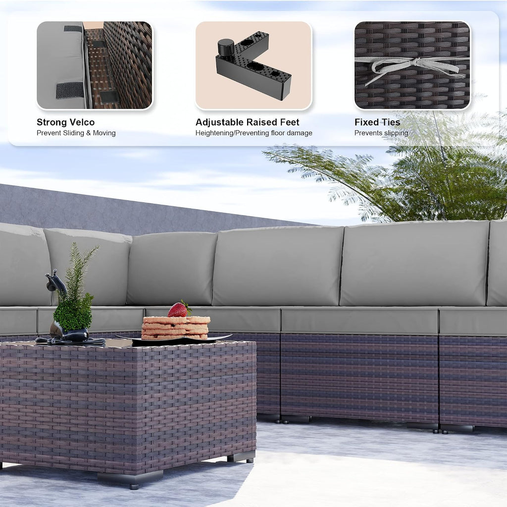 Kullavik 9 Pieces Outdoor Patio Furniture Set,Outdoor Sectional Rattan Sofa Set Brown PE Rattan Wicker Patio Conversation Set with Tempered Glass Coffee Table and Washable Cushions Covers,Grey