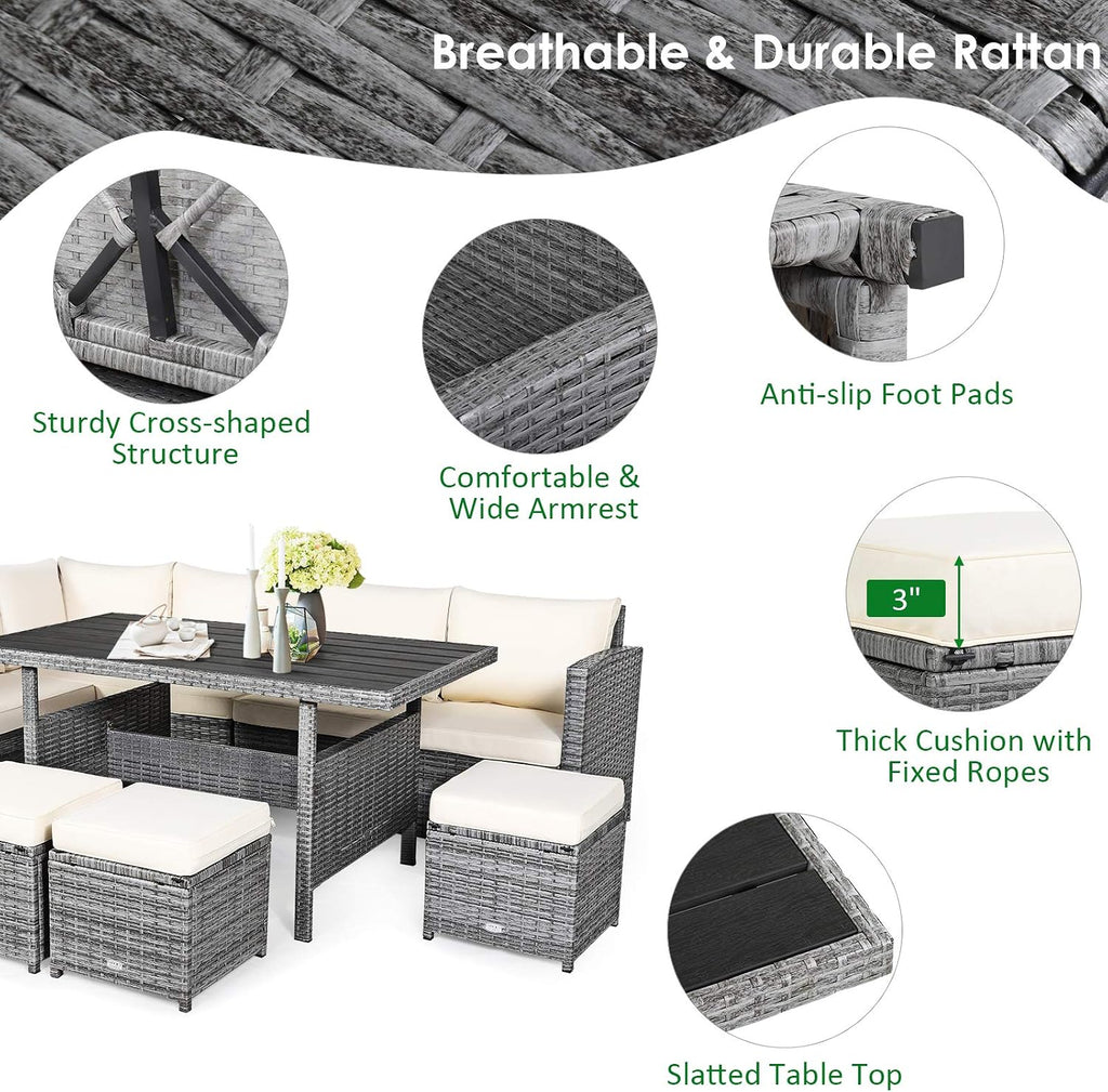 Tangkula 7 Pieces Patio Furniture Set, Outdoor Sectional Rattan Dining Sofa Set with Cushions, All Weather Wicker Conversation Couch Set with Dining Table & Ottomans for Yard Garden Poolside, White