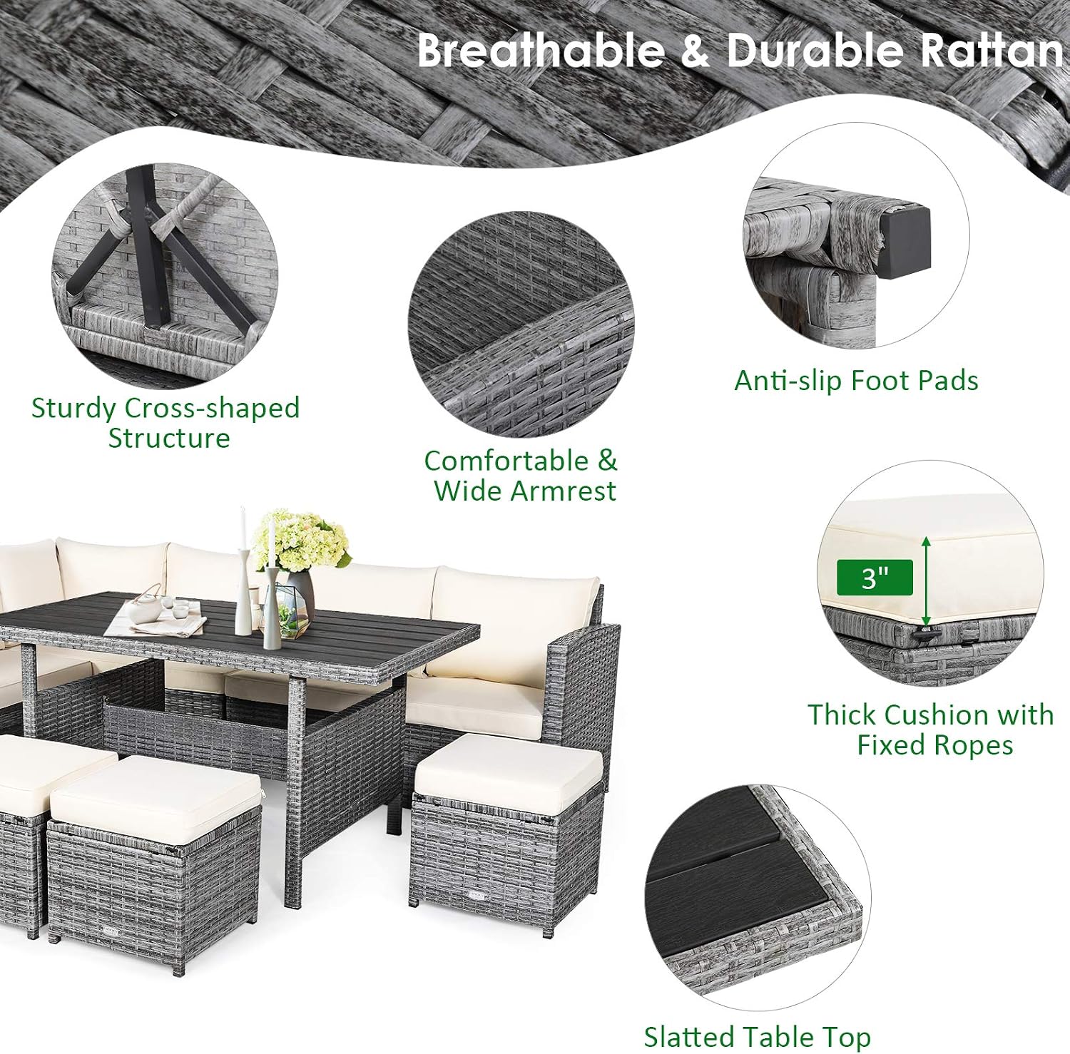 Tangkula 7 Pieces Patio Furniture Set, Outdoor Sectional Rattan Dining Sofa Set with Cushions, All Weather Wicker Conversation Couch Set with Dining Table & Ottomans for Yard Garden Poolside, White