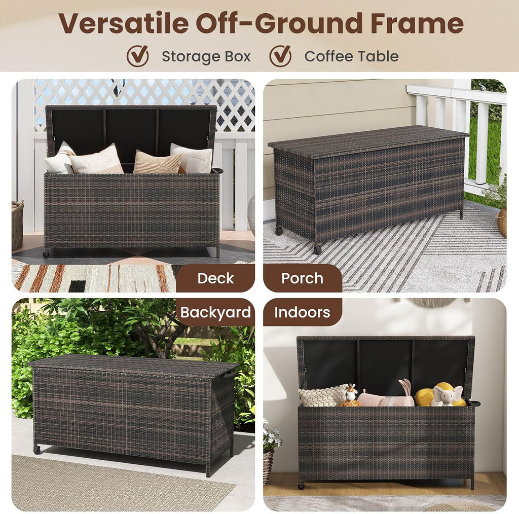 RELAX4LIFE 85-Gallon Deck Box with Wheels - Wicker Rattan Storage Bin Container w/Waterproof Liner & Gas Strut for Patio Cushions, Garden Tools, Pool Supplies, Indoor Outdoor Storage Box (Brown)