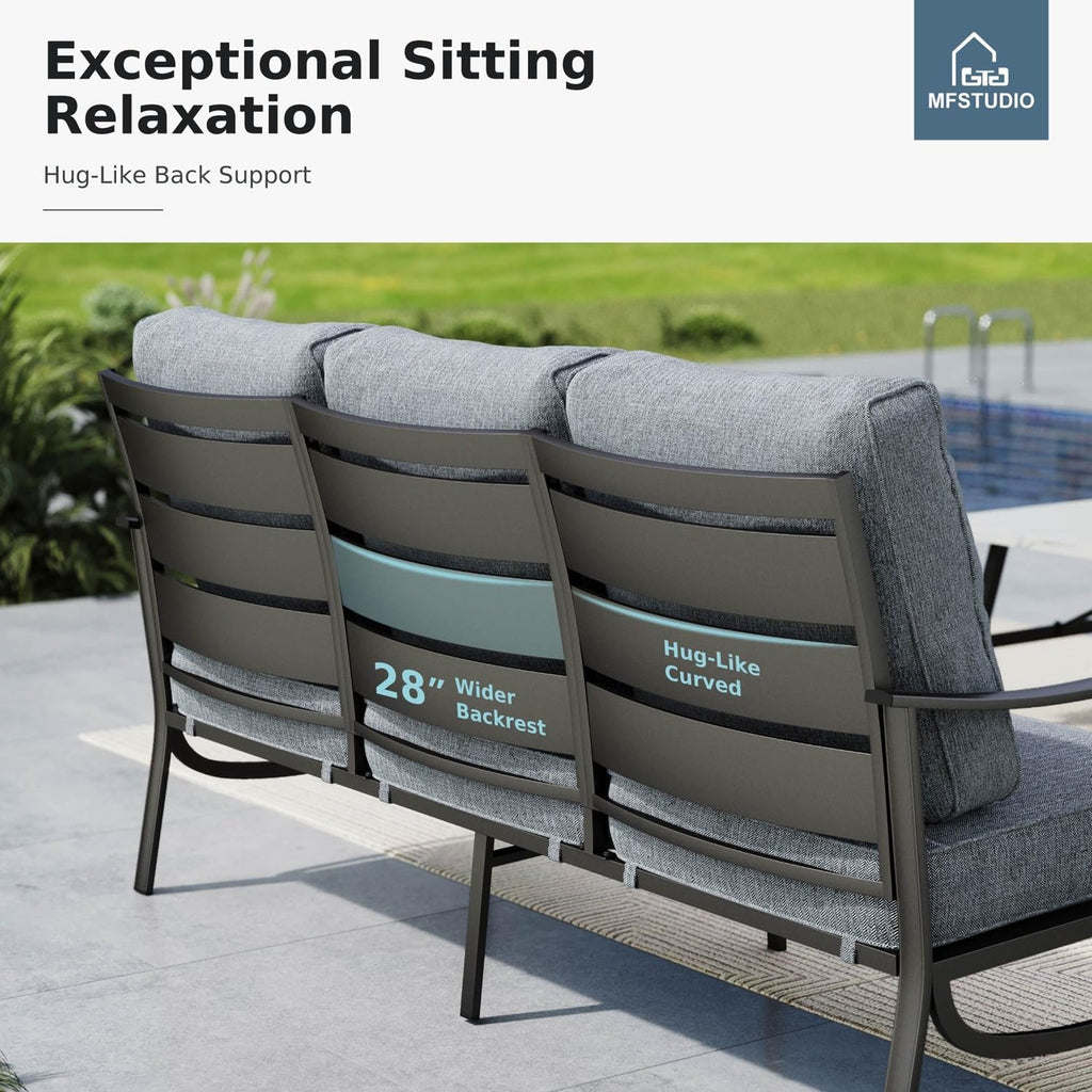 MFSTUDIO 4 Pieces Patio Conversation Set, 5 Seats Metal Patio Furniture Sets with 1 x 3-Seat Sofa, 2 Single Chairs,1 Coffee Table, All Weather Steel Patio Sets with 5.75inch Grey Cushion for Garden