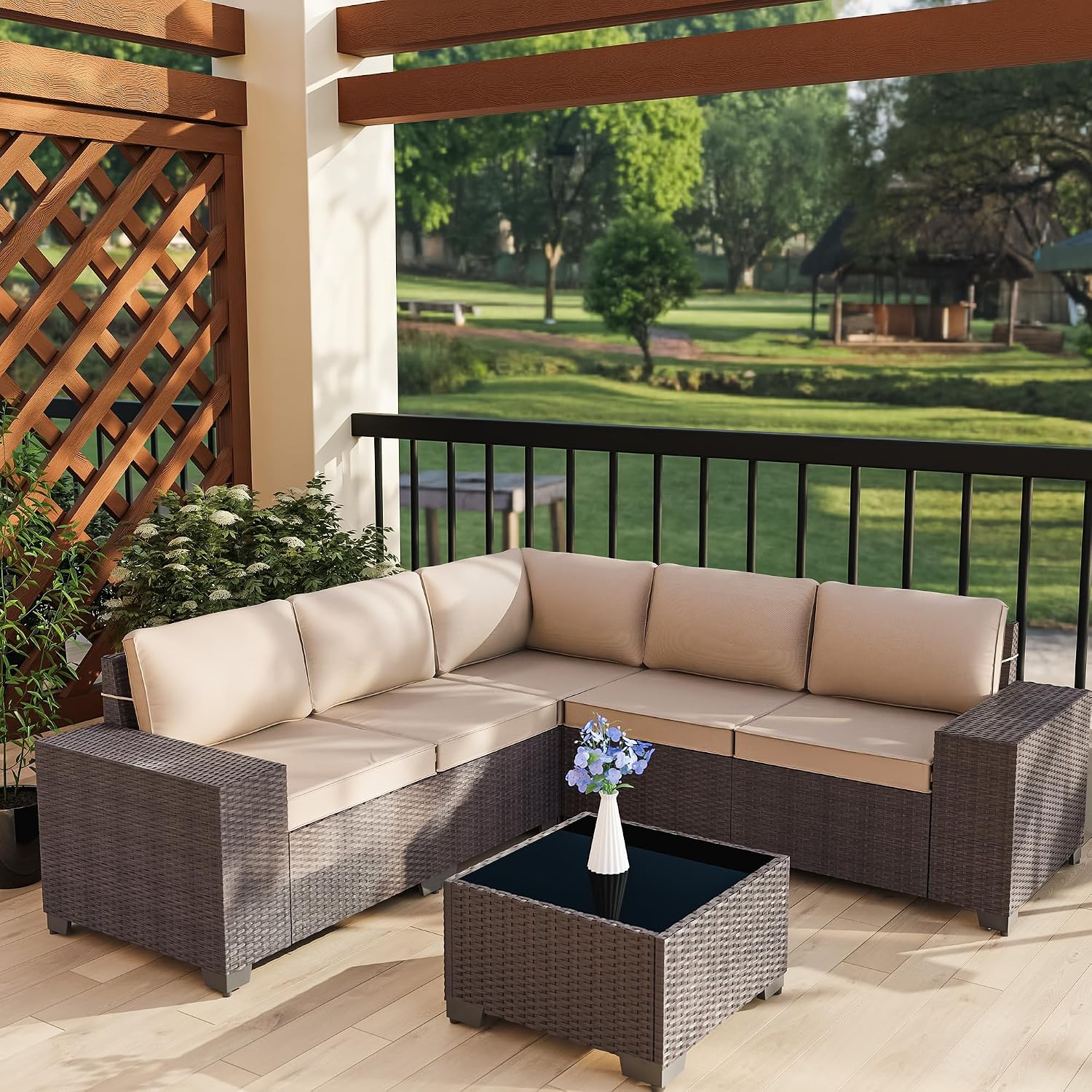6 PCS Outdoor Patio Furniture Set,Outdoor Sectional Furniture All Weather PE Rattan Wicker Patio Conversation Set with Coffee Table and 5 Thickened Cushions,Sand