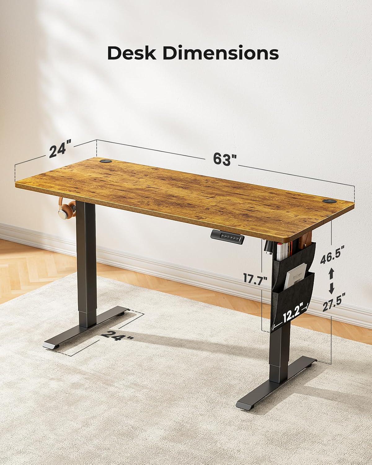 Marsail Standing Desk,Home Office Adjustable Heights Desk,Stand Up Desk,63x24 Inches Desktop Sit Stand Gaming Computer Desk for Study,Writing with 4 Memory Presets,Headphone Hook,Cable Organizer