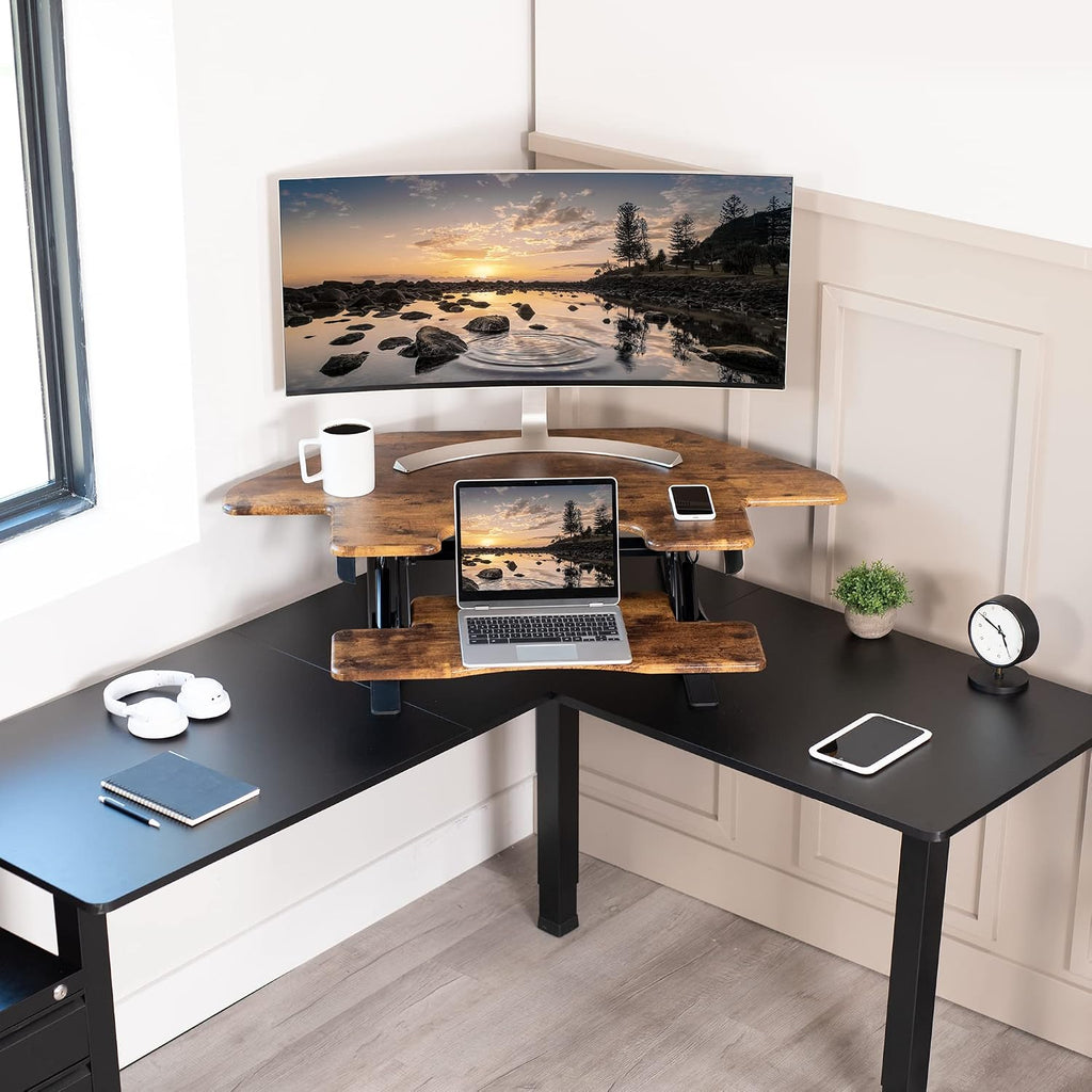 VIVO 43 inch Corner Height Adjustable Cubicle Stand Up Desk Converter, V Series, Quick Sit to Stand Tabletop Dual Monitor Riser Workstation, Rustic Vintage Brown, DESK-V000VCN