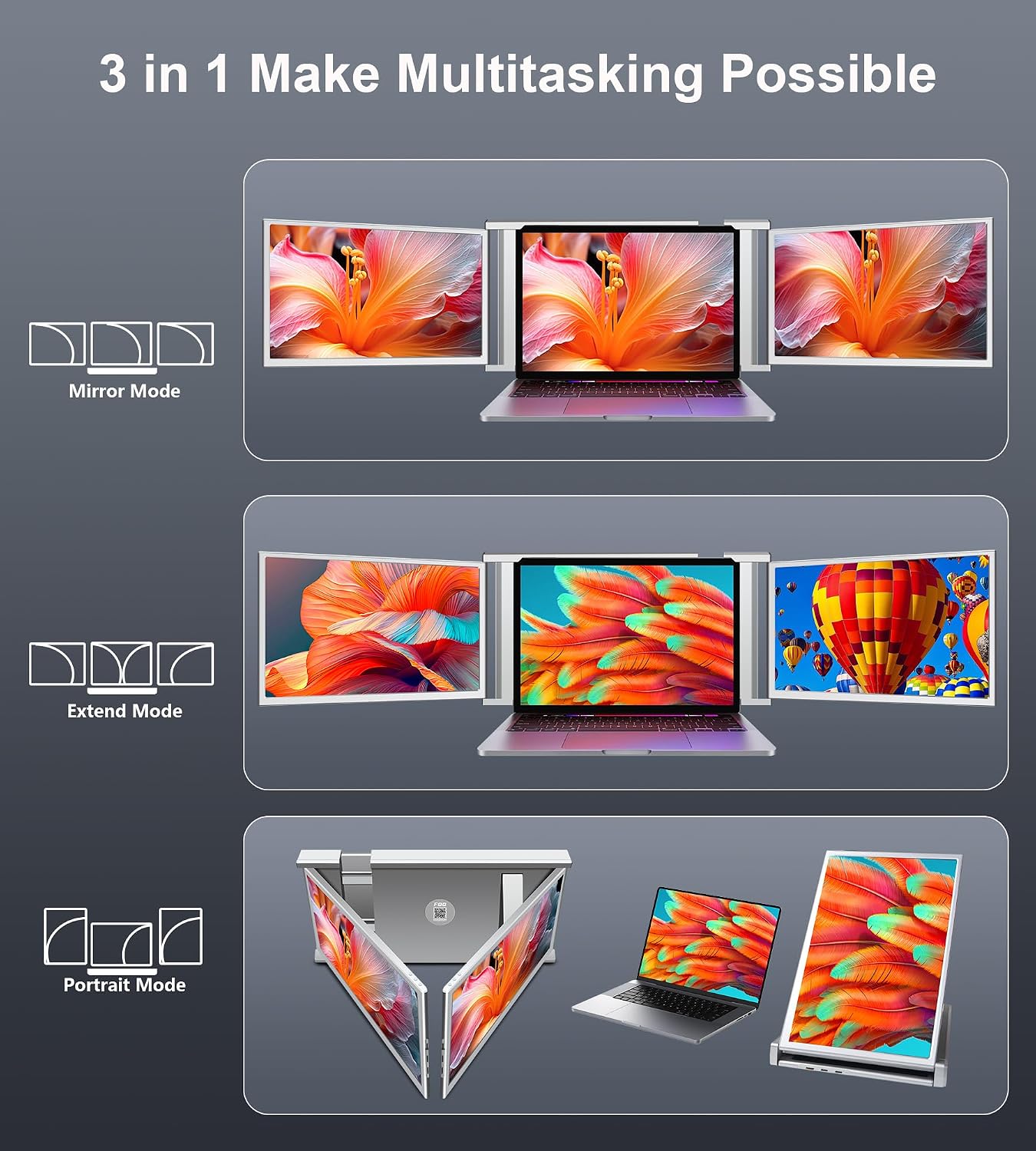 Laptop Screen Extender, 14' FHD 1080P IPS Laptop Monitor Extender, 315° Rotation Triple Portable Monitor for 13.5' -16.5' Laptops, Type-C/HDMI/USB-A Plug & Play for Wins, Mac, Android, Switch