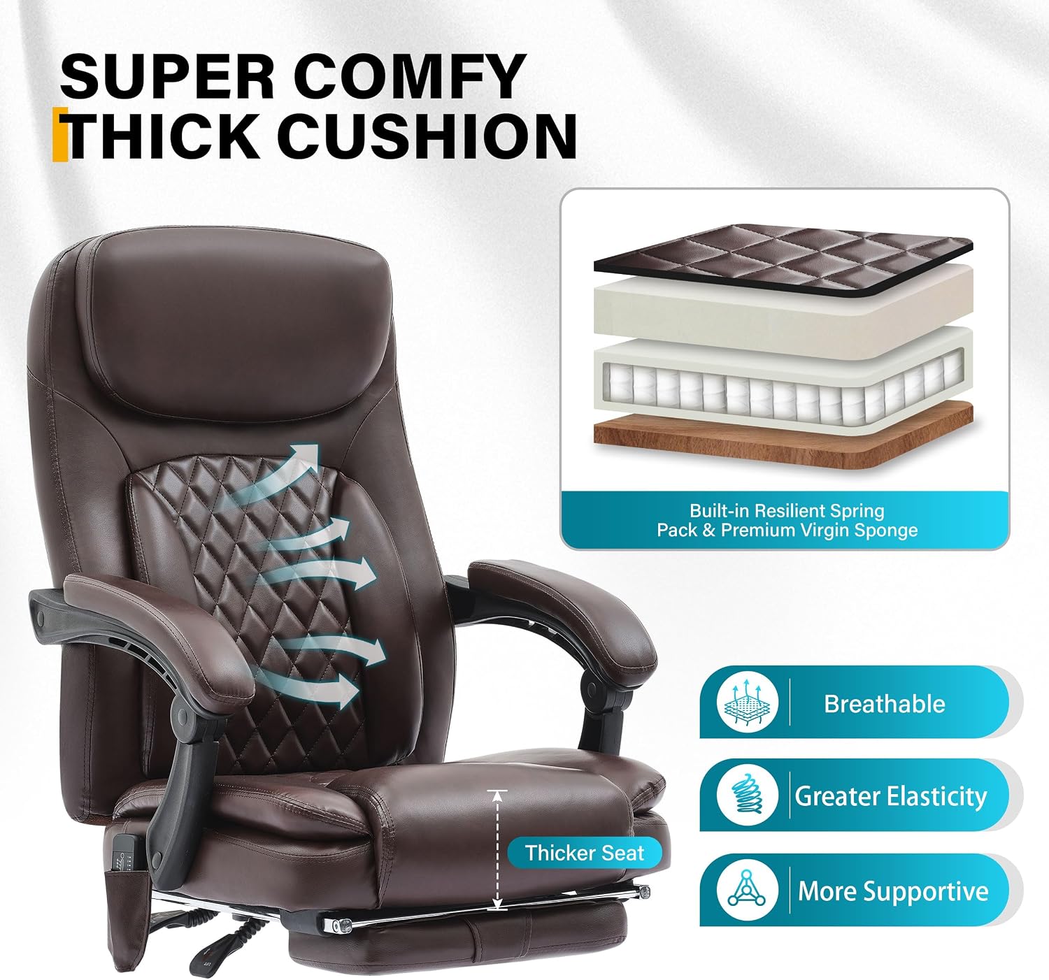 6-Point Massage Office Chair with Heated, Ergonomic Office Chair with Footrest & 45°Reclining High Back, Big and Tall Executive Office Chair 500LBS, Thick Cushion Desk Chair for Home Office, Brown(PU)