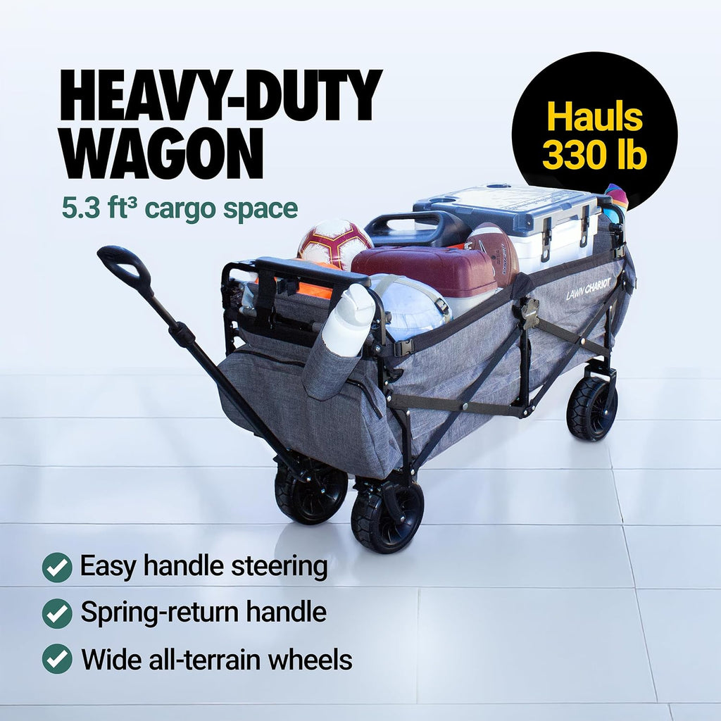 Lawn Chariot, Folding Wagon with 2 Adult Seats & UPF 50+ Canopy, Under-Seat Storage, All-Terrain Wheels, Black Canopy