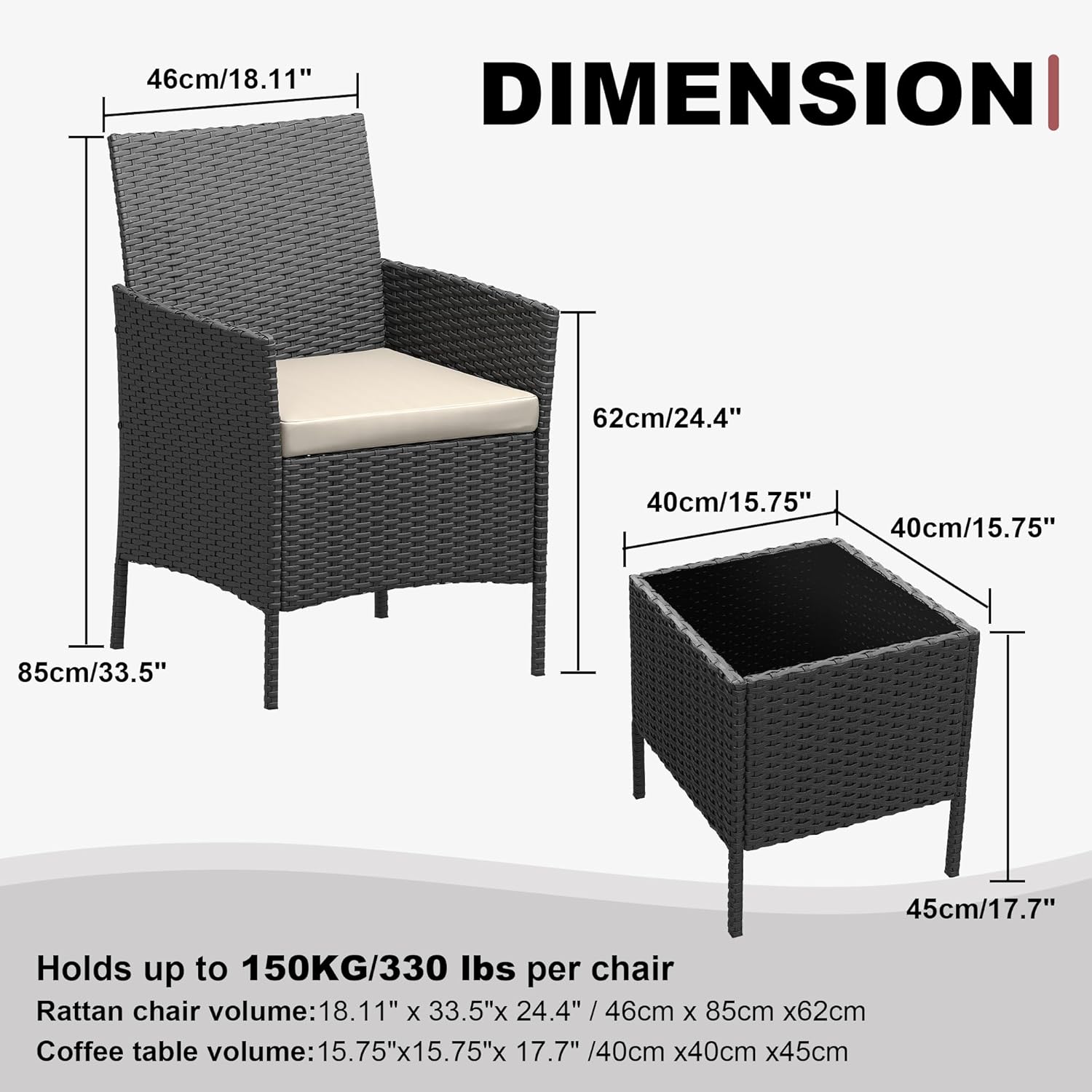 GarveeLife 3 Piece Patio Furniture Set, Rattan Outdoor Furniture with 2 Chairs & Coffee Table, Modern Outdoor Seating Conversation Bistro Set for Garden Backyard Porch (Black and Beige)