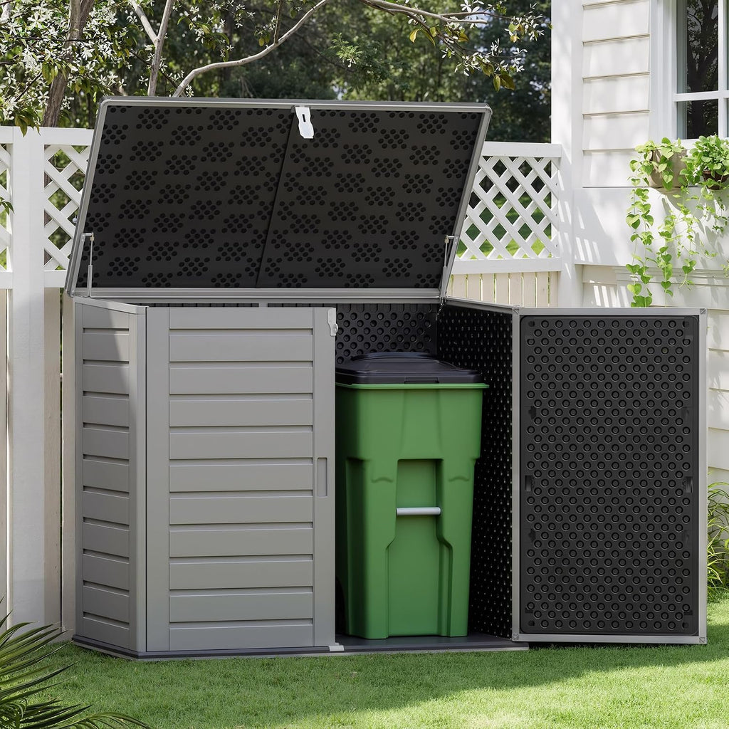 Uhomepro 4.6 Ft. X 4.1 Ft Outdoor Horizontal Storage Shed, Resin Storage Shed with Double Lockable Doors, Ideal for Garbage Can Storage and Garden Tools, Strong Water Resistance