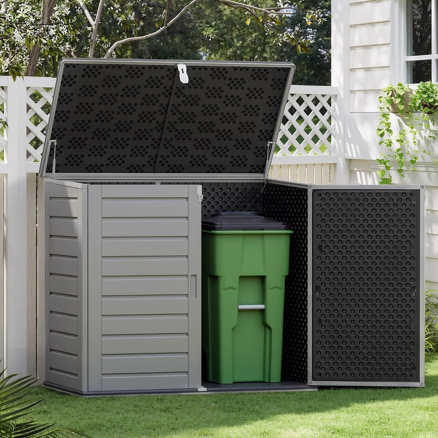 Uhomepro 4.6 Ft. X 4.1 Ft Outdoor Horizontal Storage Shed, Resin Storage Shed with Double Lockable Doors, Ideal for Garbage Can Storage and Garden Tools, Strong Water Resistance
