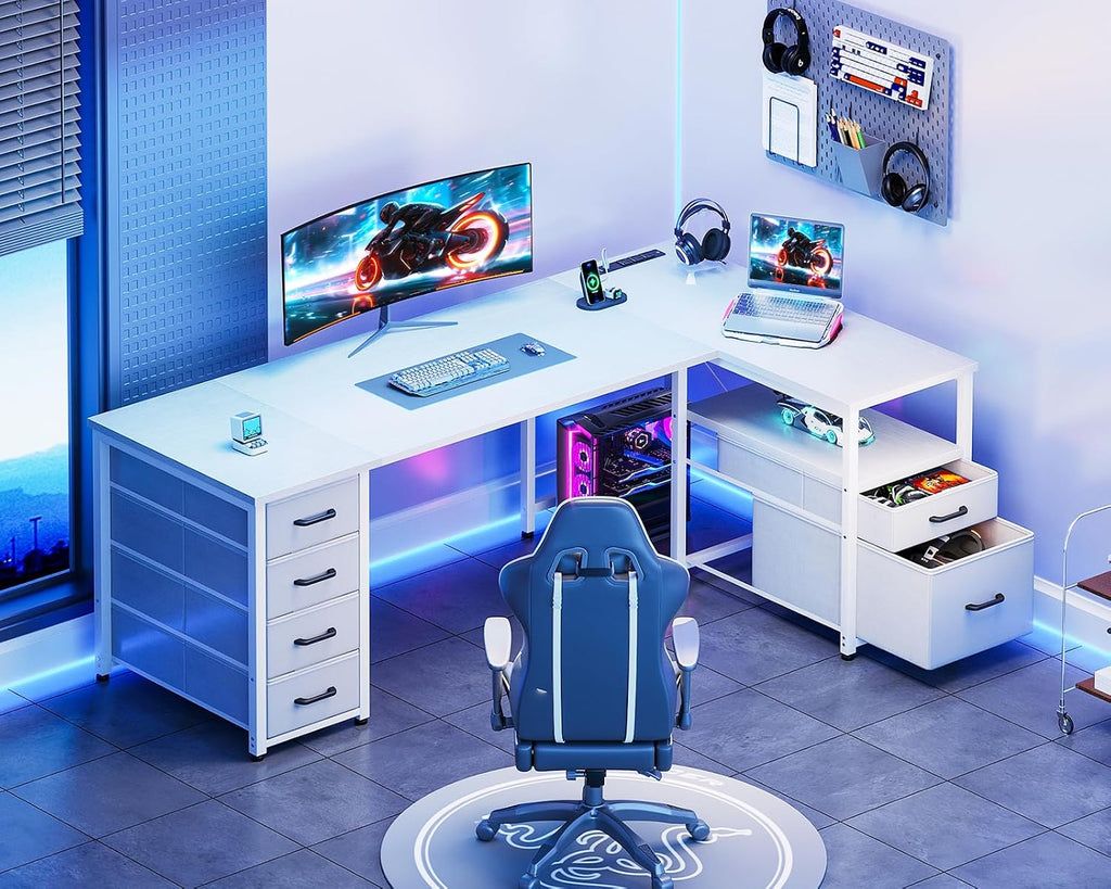 Coleshome L Shaped Computer Desk with 6 Drawers & Power Outlet, 63 Inch Office Desk with Reversible Storage Shelf & File Drawer, Home Office Desk, White