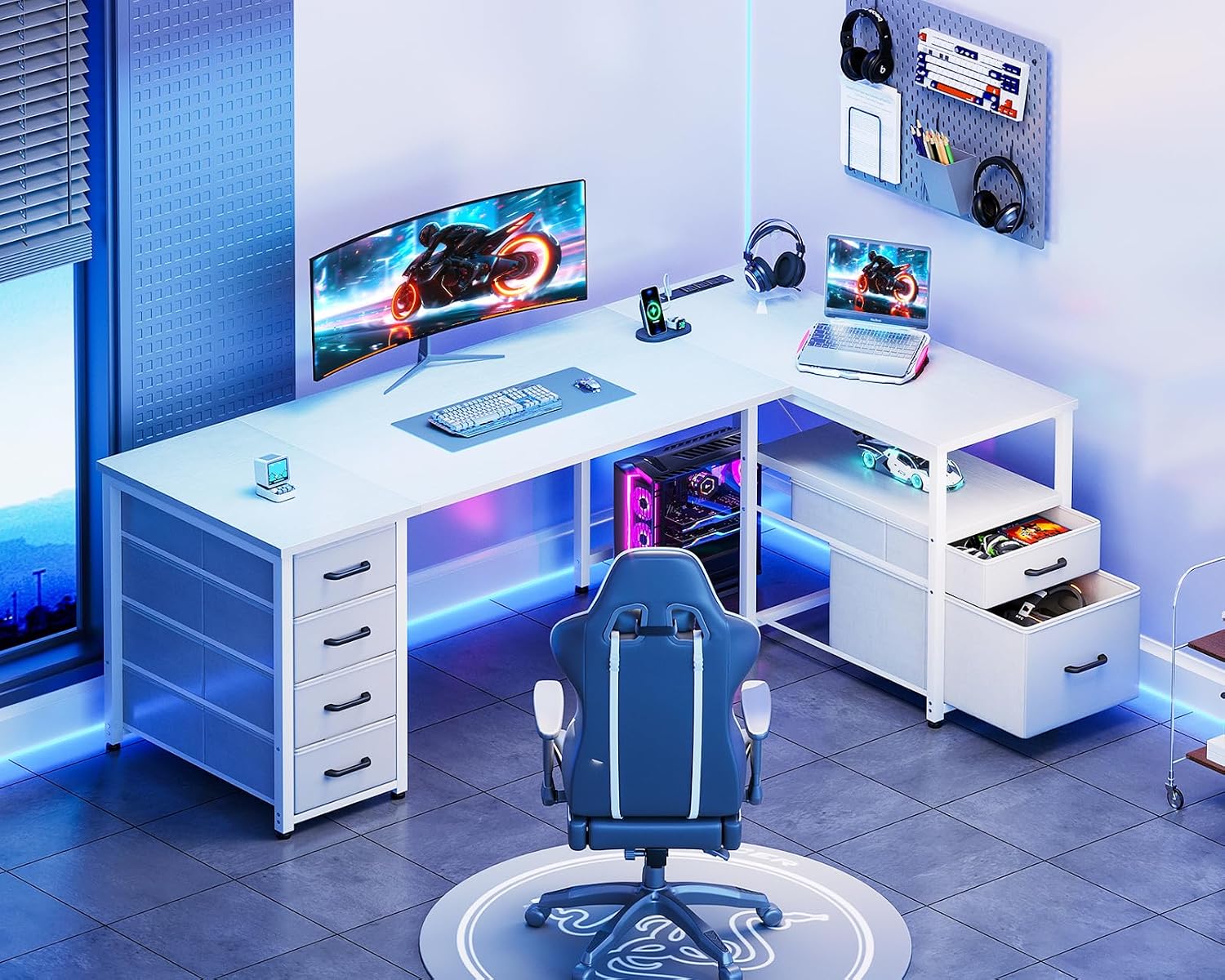 Coleshome L Shaped Computer Desk with 6 Drawers & Power Outlet, 63 Inch Office Desk with Reversible Storage Shelf & File Drawer, Home Office Desk, White