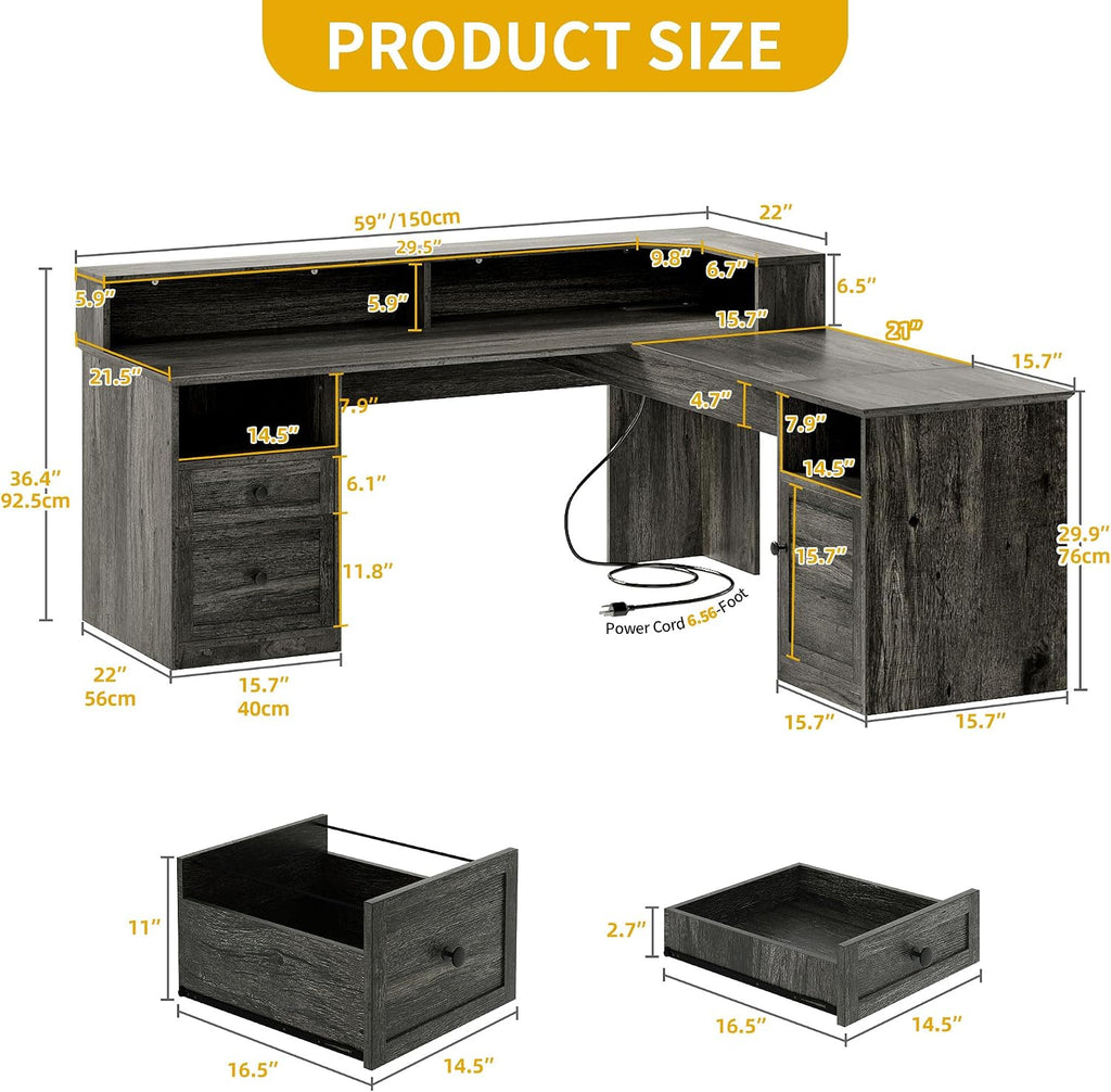 DWVO L Shaped Desk with Drawers, 60' Corner Computer Desk with Power Outlets & Lift Top, Home Office Desk with Storage Cabinet & LED Lights, Wood Desk, Height Adjustable Desk, Grey