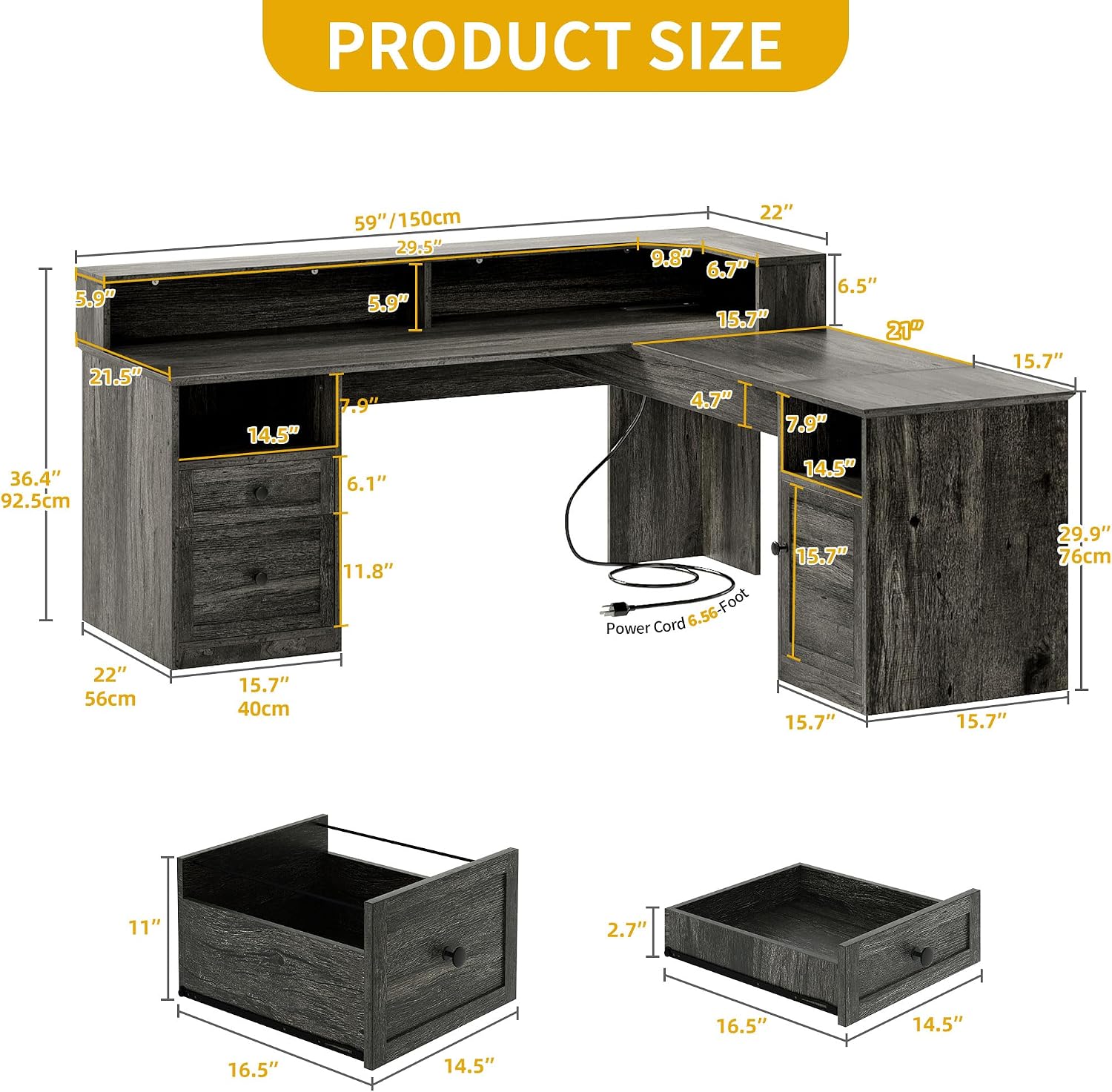 DWVO L Shaped Desk with Drawers, 60' Corner Computer Desk with Power Outlets & Lift Top, Home Office Desk with Storage Cabinet & LED Lights, Wood Desk, Height Adjustable Desk, Grey