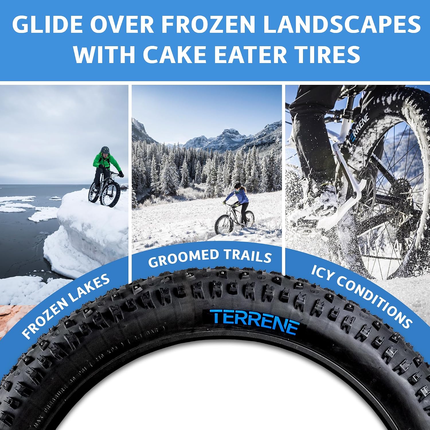 Fat Bike Tire by Terrene - Cake Eater Tubeless, Stud Capable, Fast Rolling Fat Tire - All Season Bike Accessories for Fat Tire and E-Bikes