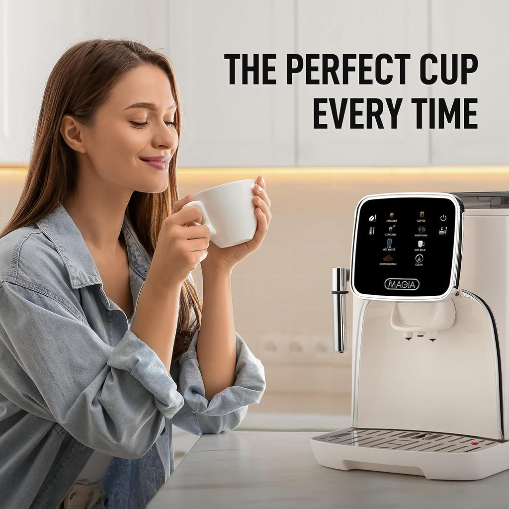 Zulay Kitchen Magia Clasica Automatic Espresso Machine with Built-In Grinder, Touch Panel Coffee Maker, Steam Wand Milk Frother, Adjustable Strength, Self-Cleaning, Cream & Silver (13' x 17.7' x 9.4')
