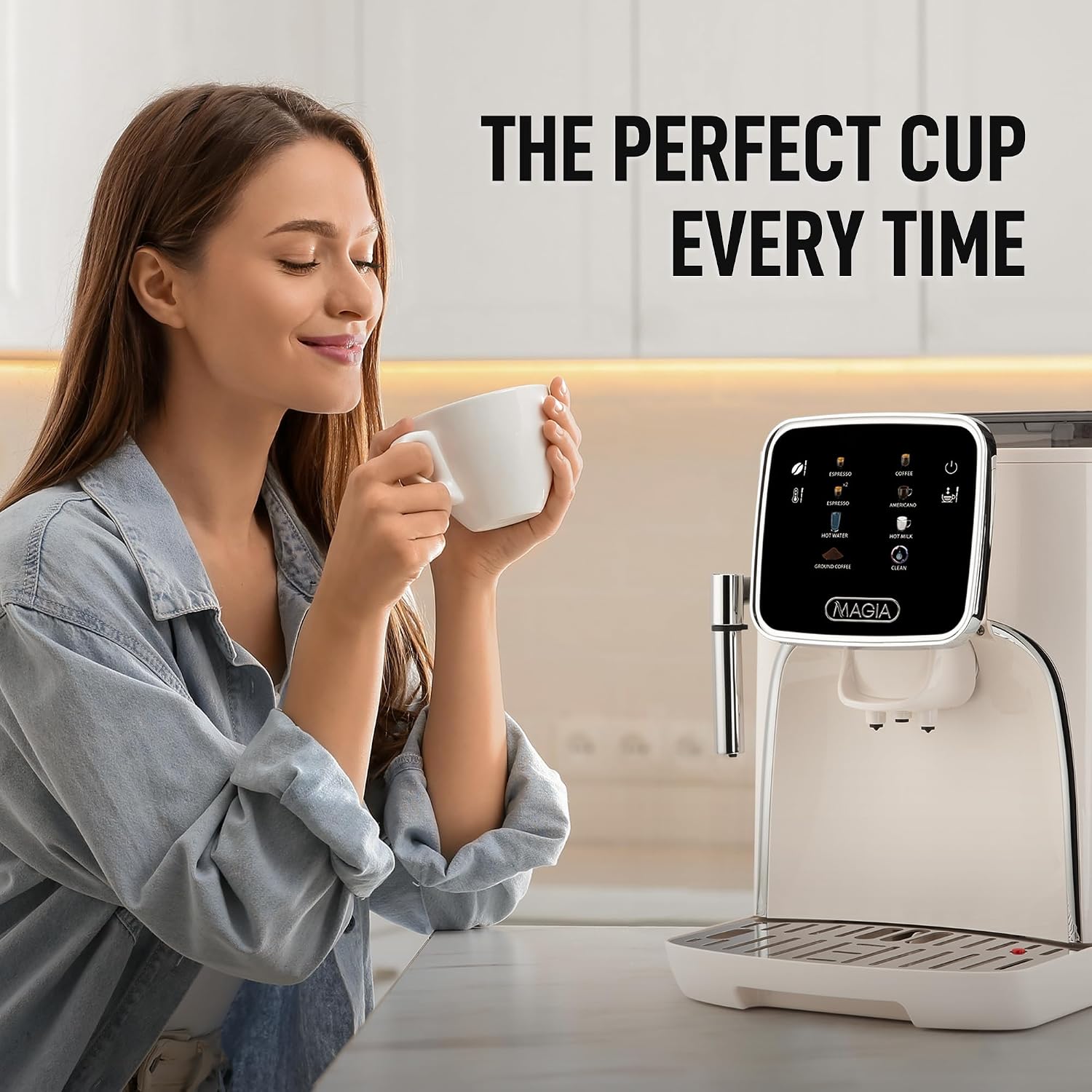 Zulay Kitchen Magia Clasica Automatic Espresso Machine with Built-In Grinder, Touch Panel Coffee Maker, Steam Wand Milk Frother, Adjustable Strength, Self-Cleaning, Cream & Silver (13' x 17.7' x 9.4')