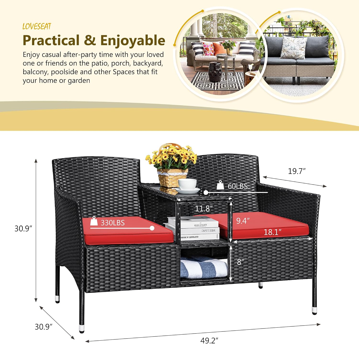 Devoko Outdoor Patio Loveseat Modern Rattan 2-Seat Patio Conversation Set with Cushions & Built-in Coffee Table Porch Furniture for Garden Lawn Backyard (Red)