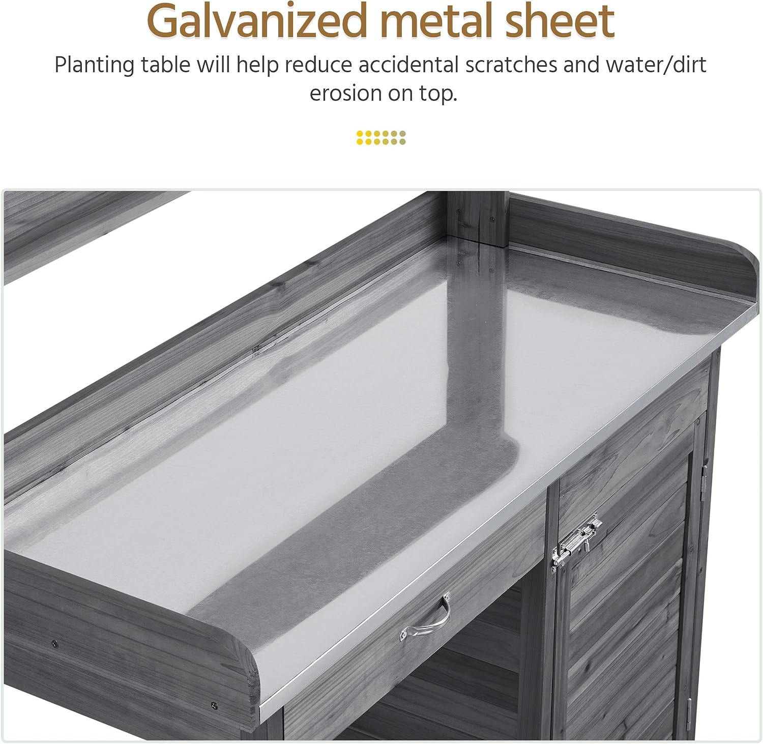 Yaheetech Outdoor Potting Bench Table, Garden Workstation w/Metal Tabletop/Cabinet Drawer/Open Top/Lower Shelf/Handy Hooks for Horticulture,Gray