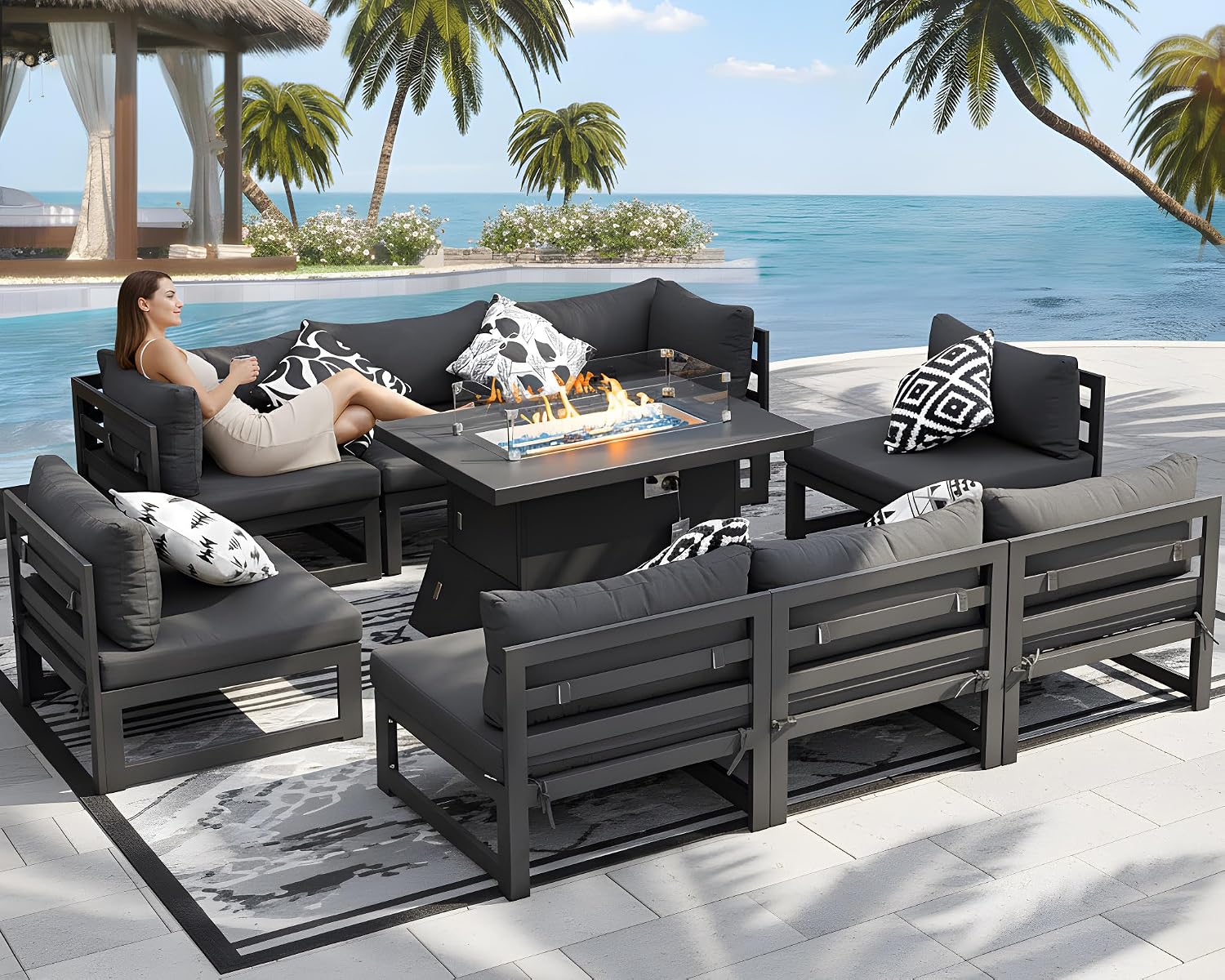 NICESOUL 9 Pcs Modern Aluminum Outdoor Patio Furniture Set with Fire Pit Table Propane/Gas, Extra Large All-Weather Modular Sectional Couch, 29' Wide Deep Seating Conversation Sofa for Deck, Dark Grey