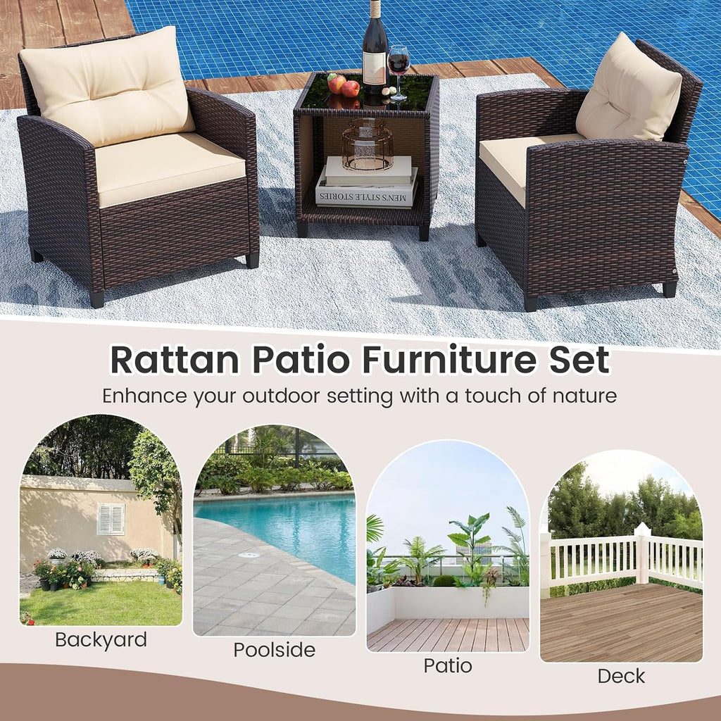 KOTEK 3 Piece Patio Furniture Set, Outdoor Conversation Set with Washable Cushions & Storage Table, PE Rattan Wicker Bistro Set for Porch, Backyard, Balcony (Beige)