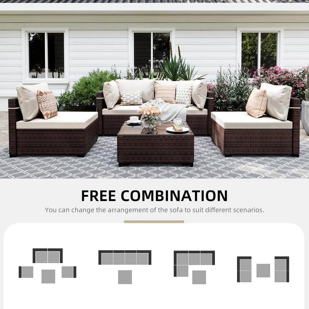 UPHA 5 Pieces Patio Furniture Sets, Wicker Outdoor Sectional Sofa Couch with Coffee Table, Patio Conversation Set for Deck Backyard Garden, Brown Rattan, White Cushion
