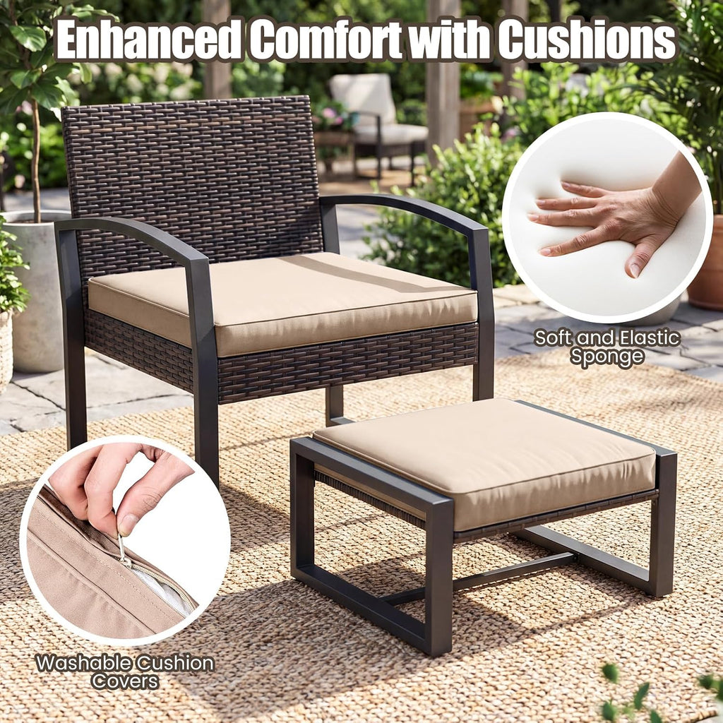 Tangkula 5 Pieces Wicker Patio Conversation Set, Outdoor PE Rattan Chair with Ottoman Set with Glass Side Table, 2-Person Small Balcony Furniture Seating Set with Cushions for Porch, Backyard, Deck