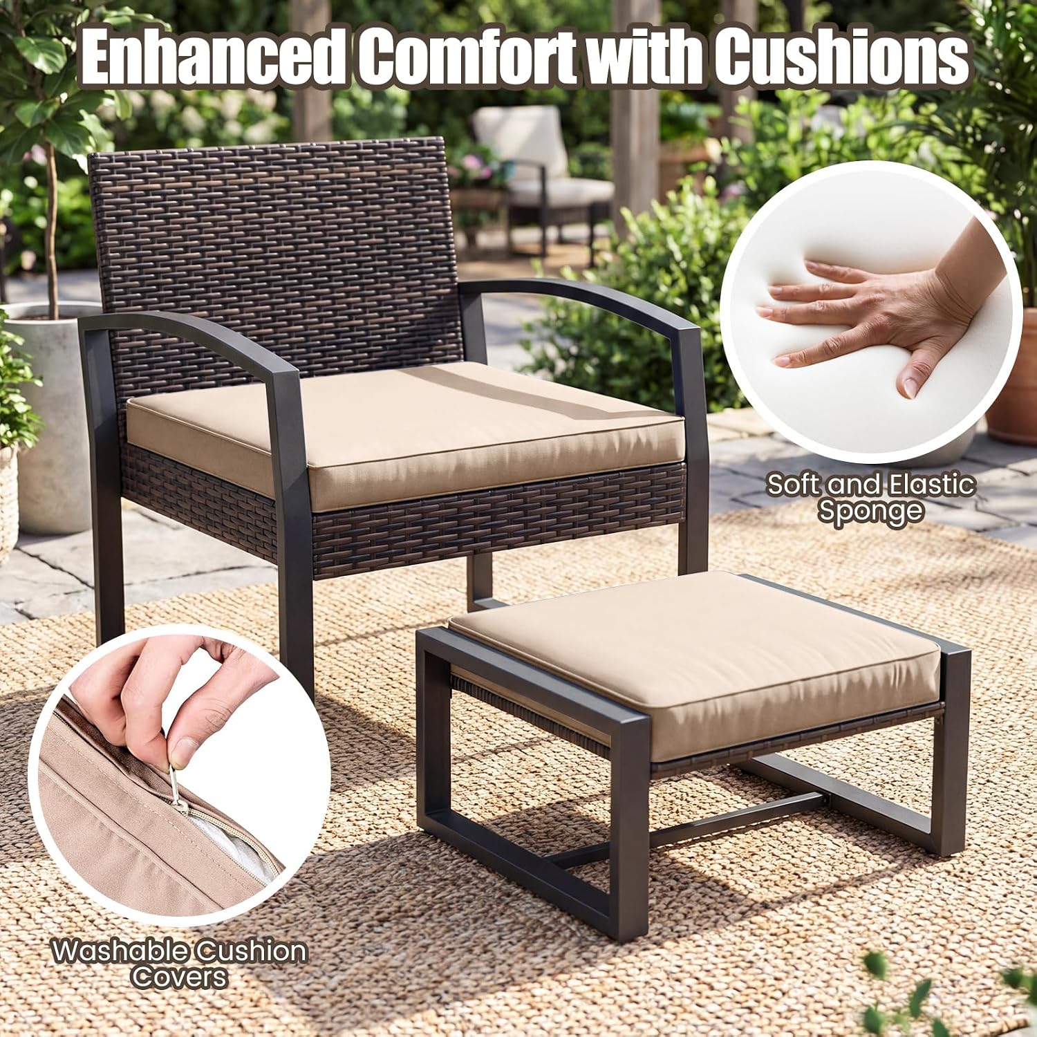 Tangkula 5 Pieces Wicker Patio Conversation Set, Outdoor PE Rattan Chair with Ottoman Set with Glass Side Table, 2-Person Small Balcony Furniture Seating Set with Cushions for Porch, Backyard, Deck