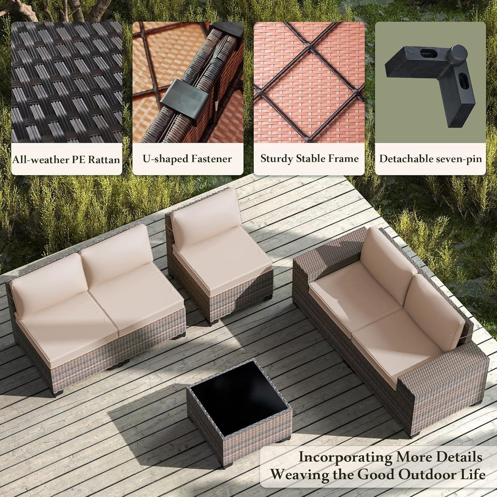 6 PCS Outdoor Patio Furniture Set,Outdoor Sectional Furniture All Weather PE Rattan Wicker Patio Conversation Set with Coffee Table and 5 Thickened Cushions,Sand