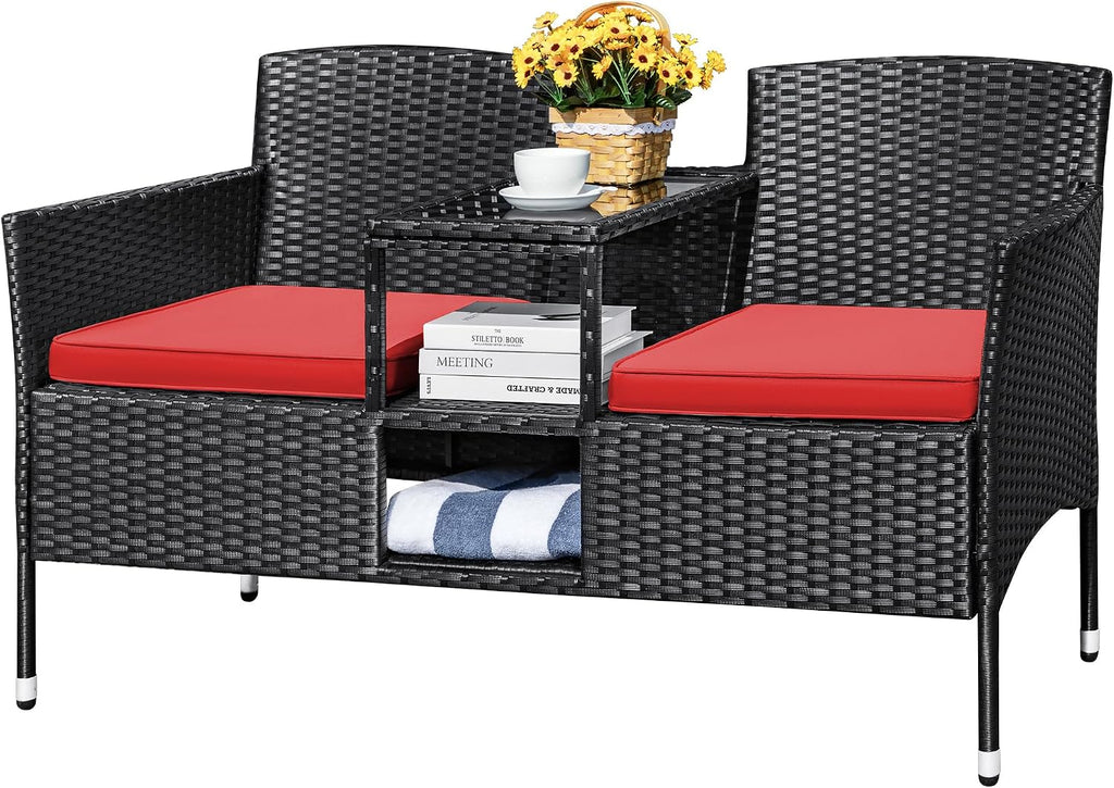Devoko Outdoor Patio Loveseat Modern Rattan 2-Seat Patio Conversation Set with Cushions & Built-in Coffee Table Porch Furniture for Garden Lawn Backyard (Red)