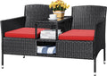 Devoko Outdoor Patio Loveseat Modern Rattan 2-Seat Patio Conversation Set with Cushions & Built-in Coffee Table Porch Furniture for Garden Lawn Backyard (Red)