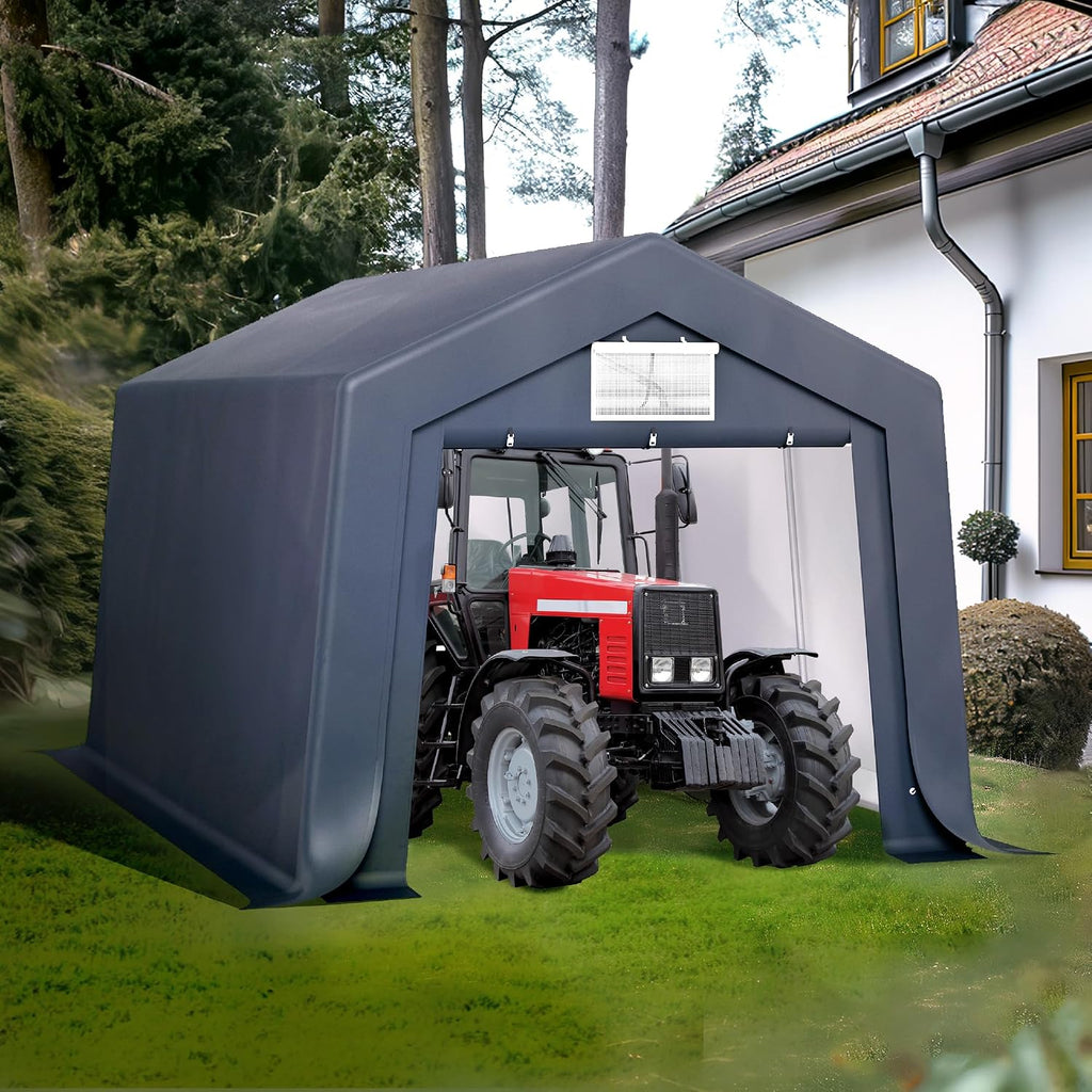 PHI VILLA 10X15ft Carport, Portable Carports Outdoor Storage Shelter Shed Garage Canopy with Roll up Zipper Doors & Vents Waterproof UV Resistant Garages Tent for Cars,Boats,Tools, Motorcycle, Gray